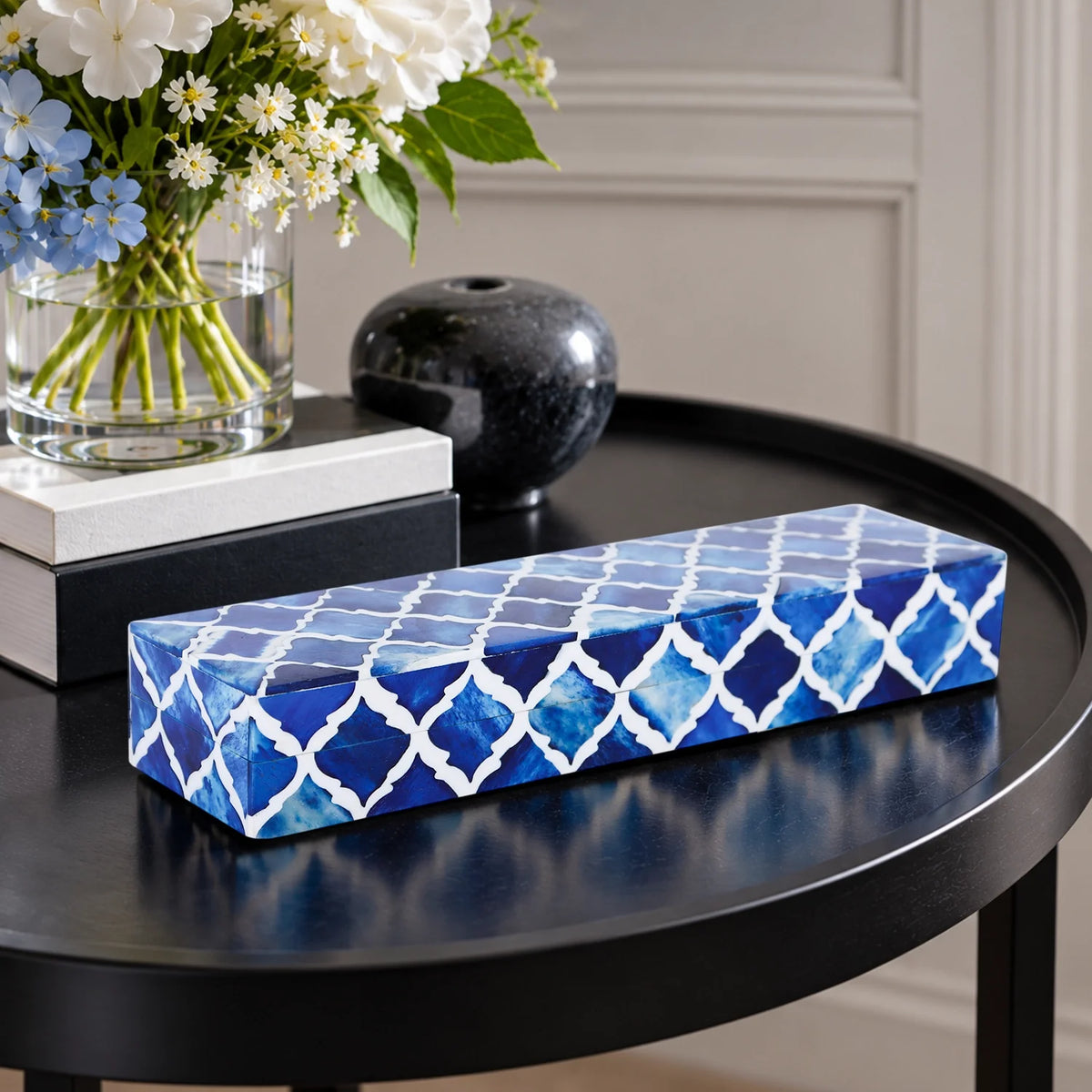 Moroccan Blue & White Resin & Bone Inlay Decorative Storage Box — (7 Sizes)