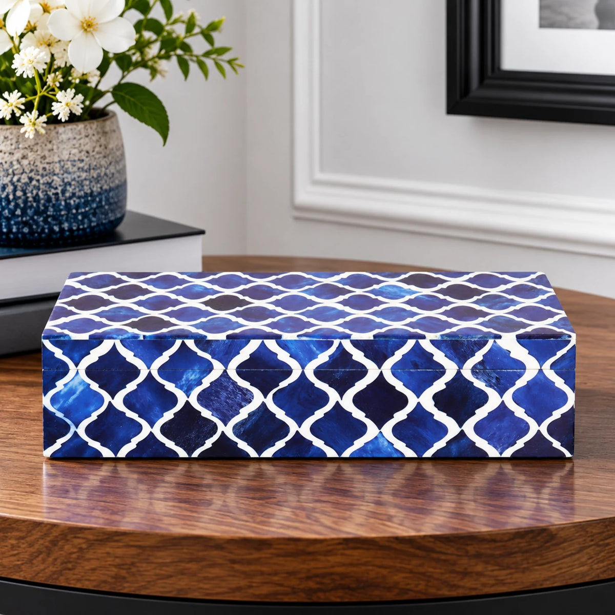 Moroccan Blue & White Resin & Bone Inlay Decorative Storage Box — (7 Sizes)