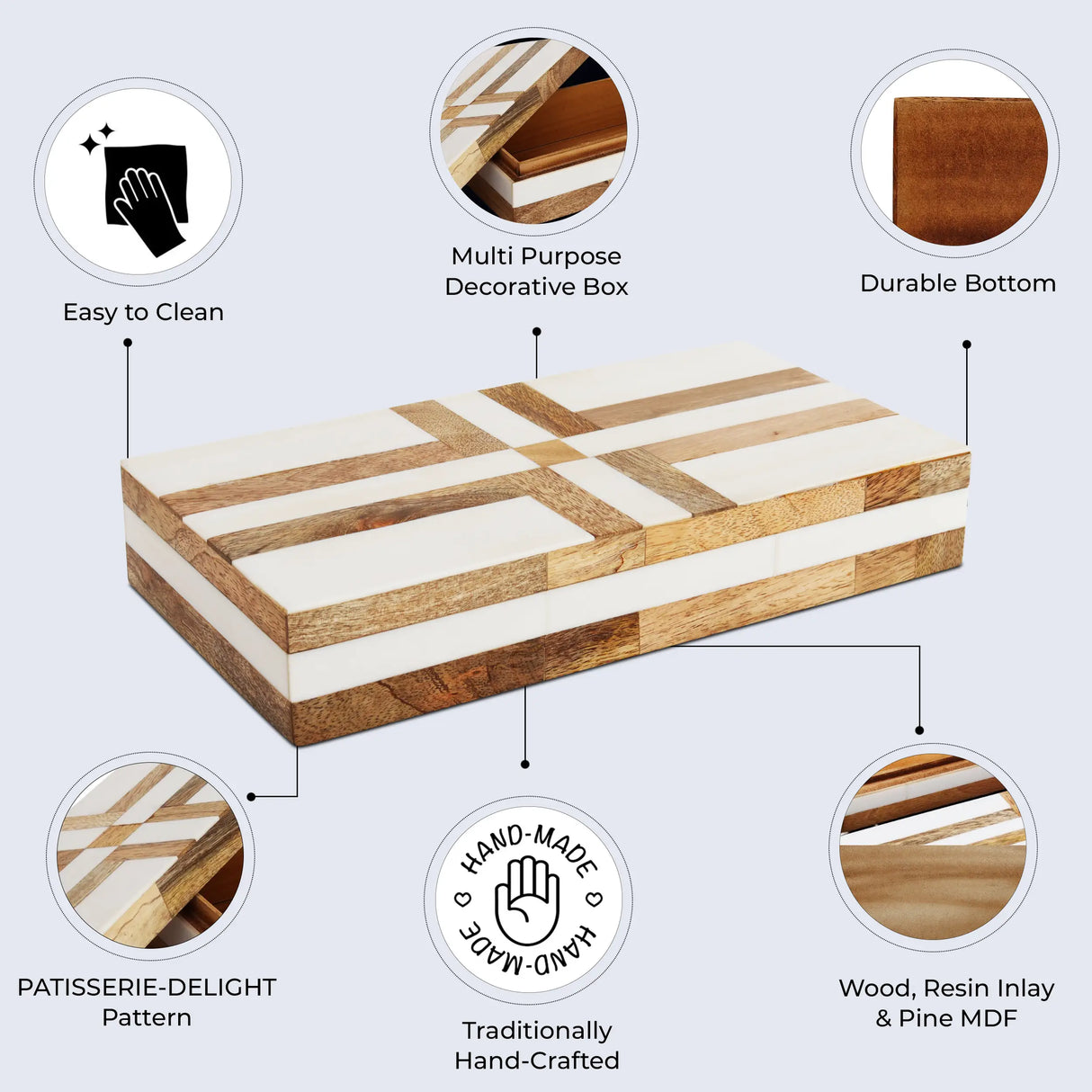 Patisserie Delight Pattern Decorative Storage Box, Resin & Wood Inlay in 7 Sizes, Brown-White