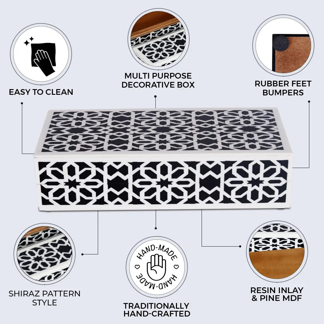 Shiraz Pattern Decorative Storage Box, Resin Inlay in 7 Sizes, Black & White