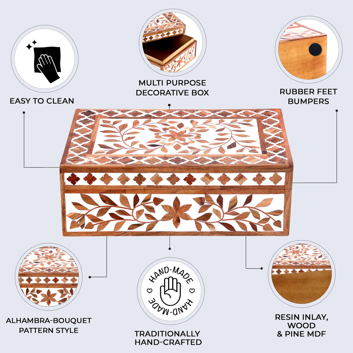 Decorative Storage Box Alhambra Bouquet Wood & Resin Inlay in 12 x 8 x 4 inch