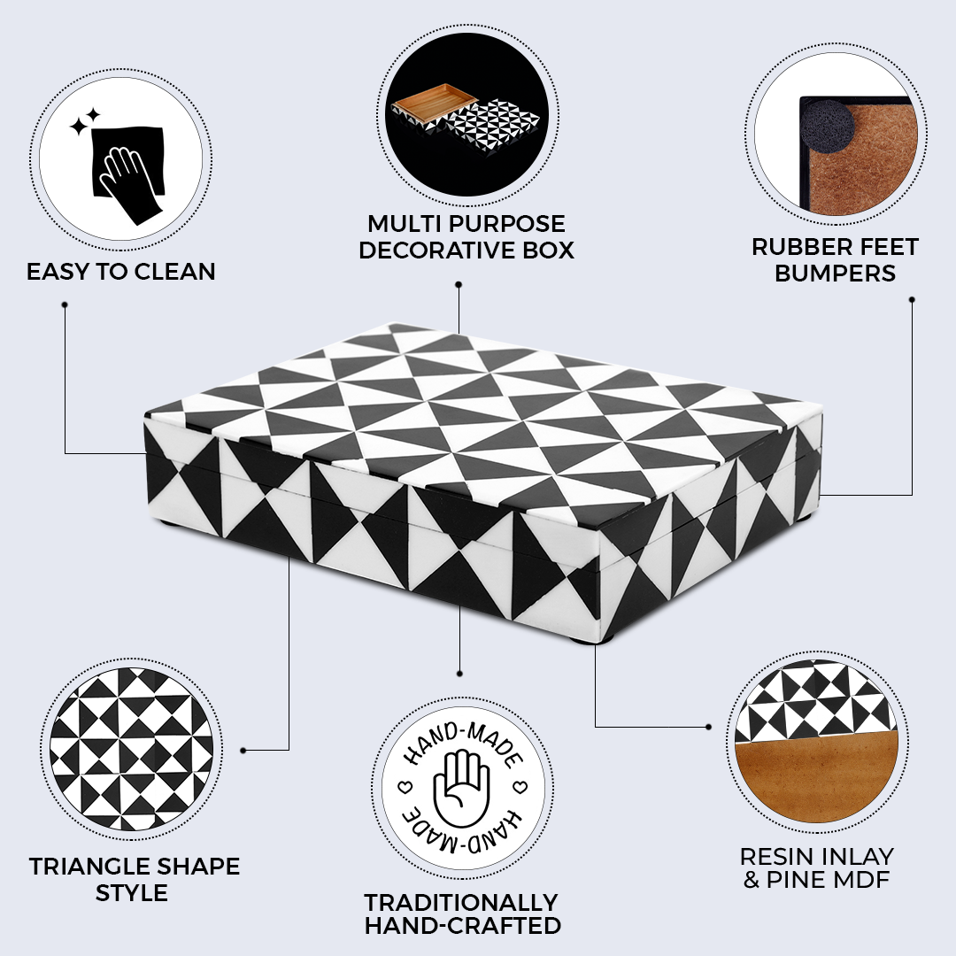 Triangle Pattern Decorative Storage Box, Resin Inlay in 7 Sizes, Black & White