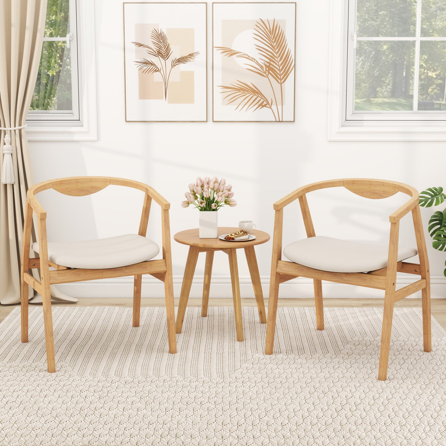 Bamboo Accent Chair with Armrest and Curved Backrest-Natural