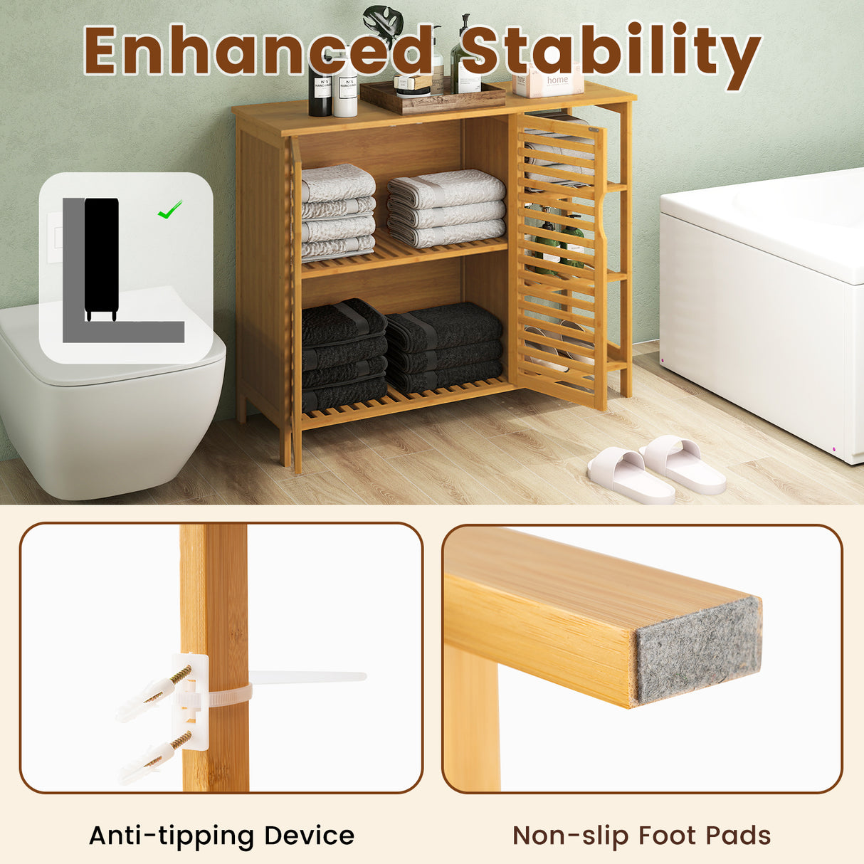 Bamboo Bathroom Cabinet 2-Door Storage Organizer with Shelves-Natural