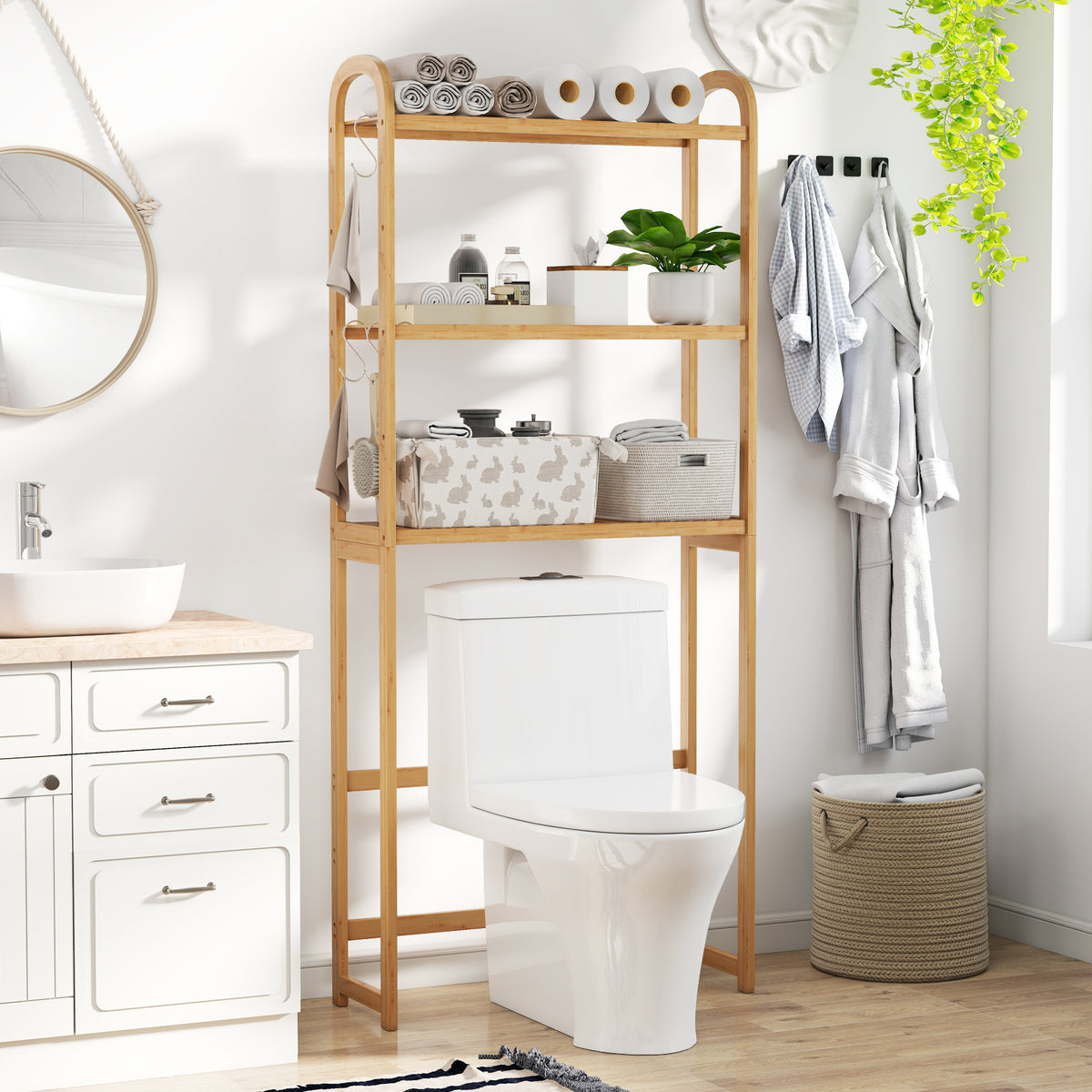 3-Tier Bamboo Bathroom Floor Organizer with 5-Position Shelves and 3 Hooks-Natural