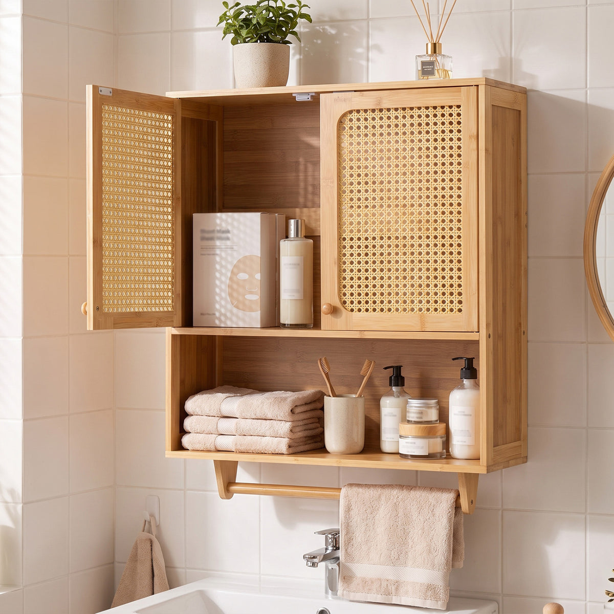 Bamboo Bathroom Wall Cabinet with Towel Rack and Ventilated Doors-Natrual