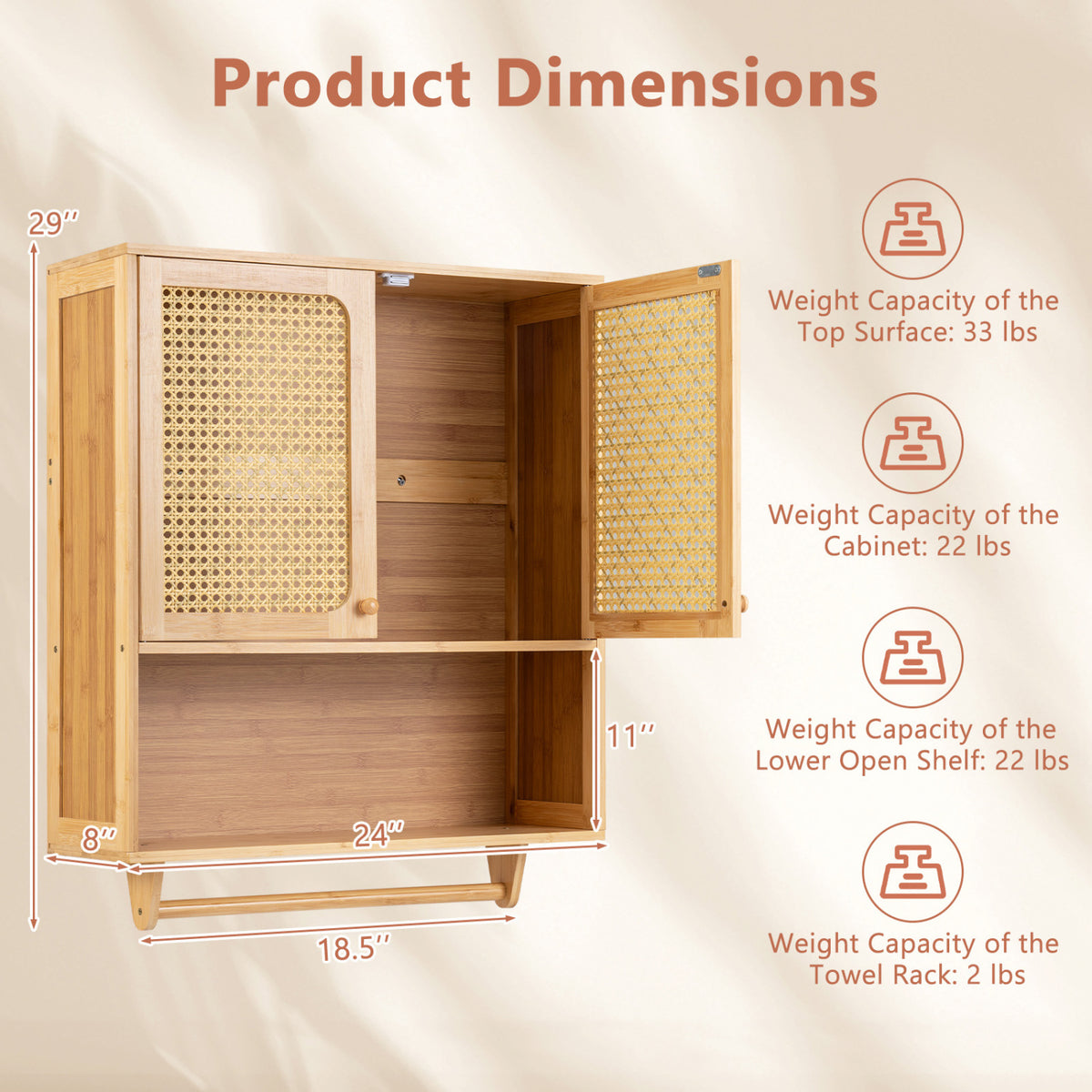 Bamboo Bathroom Wall Cabinet with Towel Rack and Ventilated Doors-Natrual