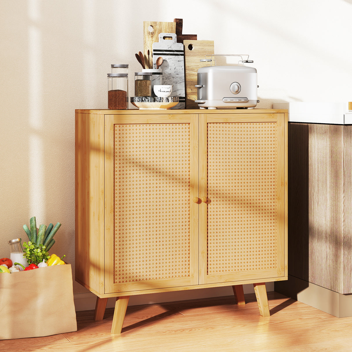 Bamboo Buffet Storage Cabinet with PE Rattan Doors and Freestanding Kitchen Cupboard-Natural