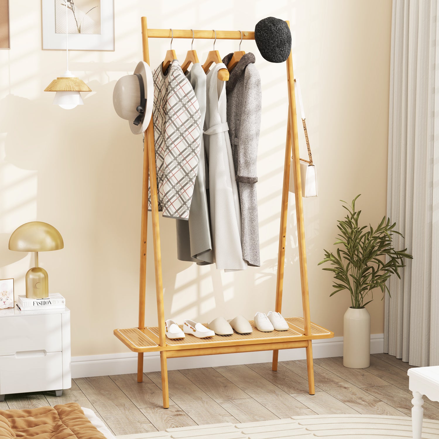 Bamboo Clothes Rack with Hanging Rod Rattan Shelf and Copper Hooks