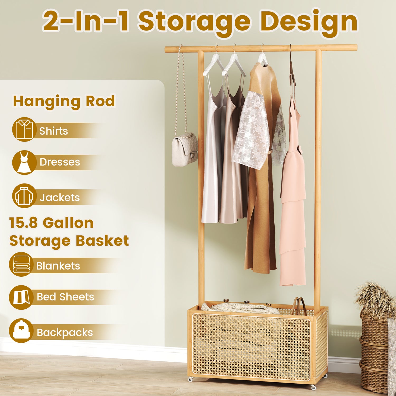 Bamboo Clothes Rack with Rattan Storage Basket and Wheels