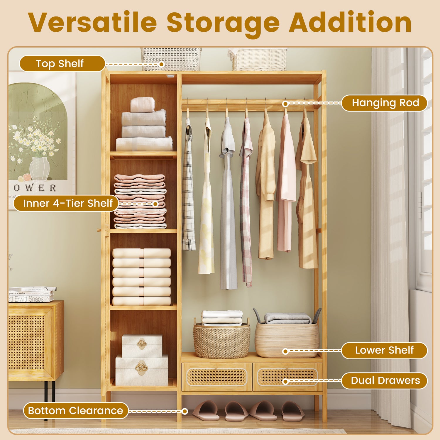 Bamboo Clothing Rack with Cabinet and Drawers and Hanging Rod-Natural