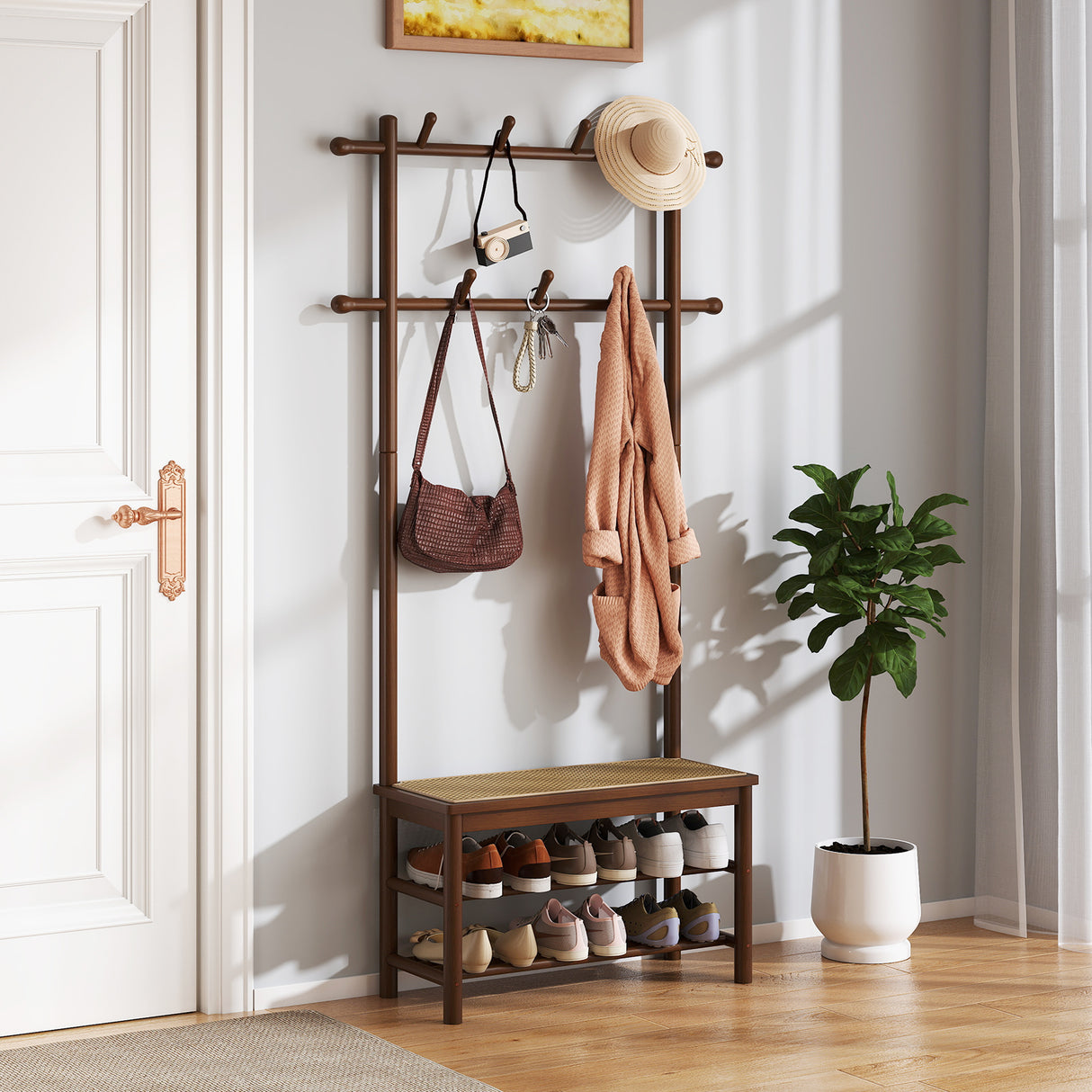 Bamboo Coat Rack PE Rattan Hall Tree with Bench and Shoe Storage 3-In-1 Entryway Bench