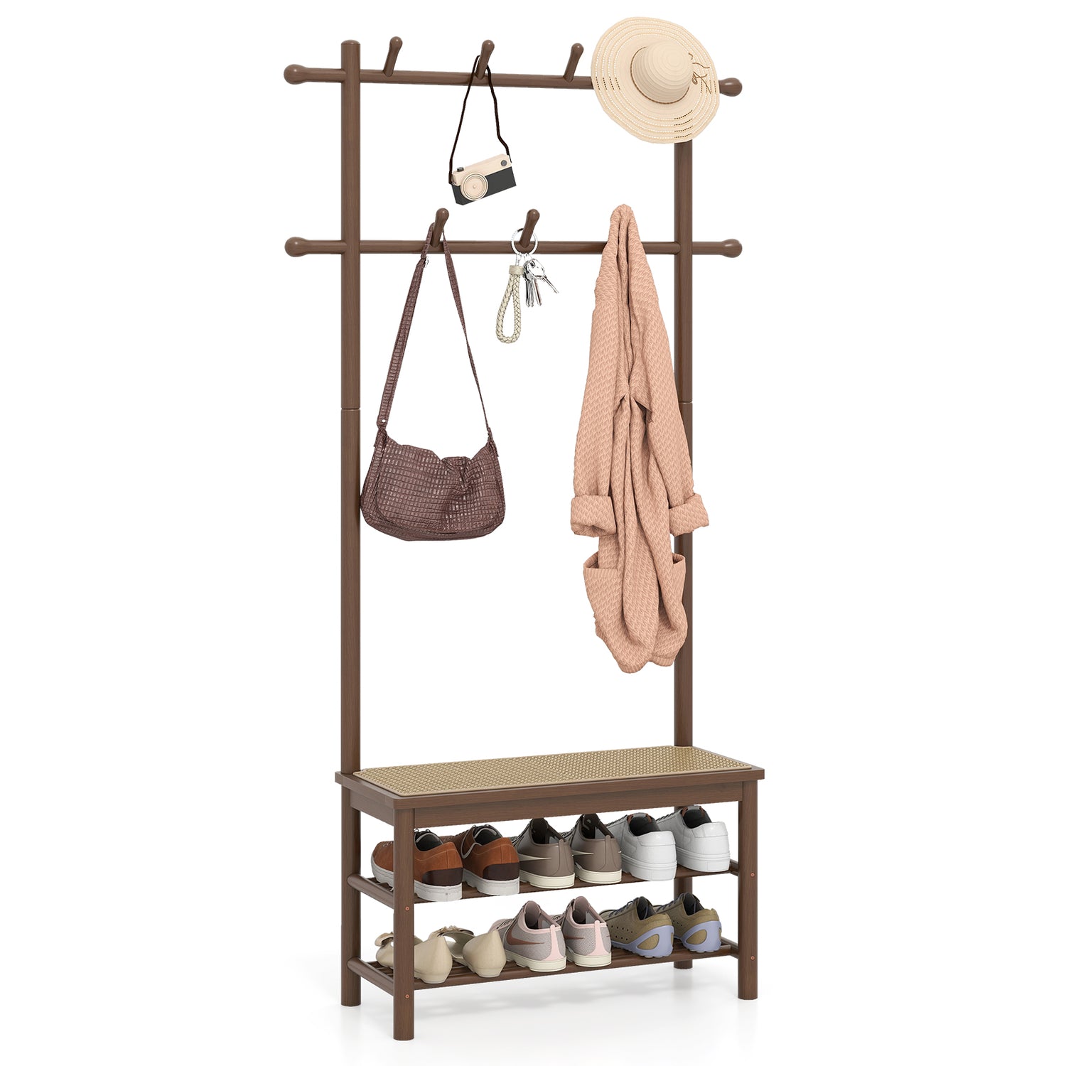 Bamboo Coat Rack PE Rattan Hall Tree with Bench and Shoe Storage 3-In-1 Entryway Bench