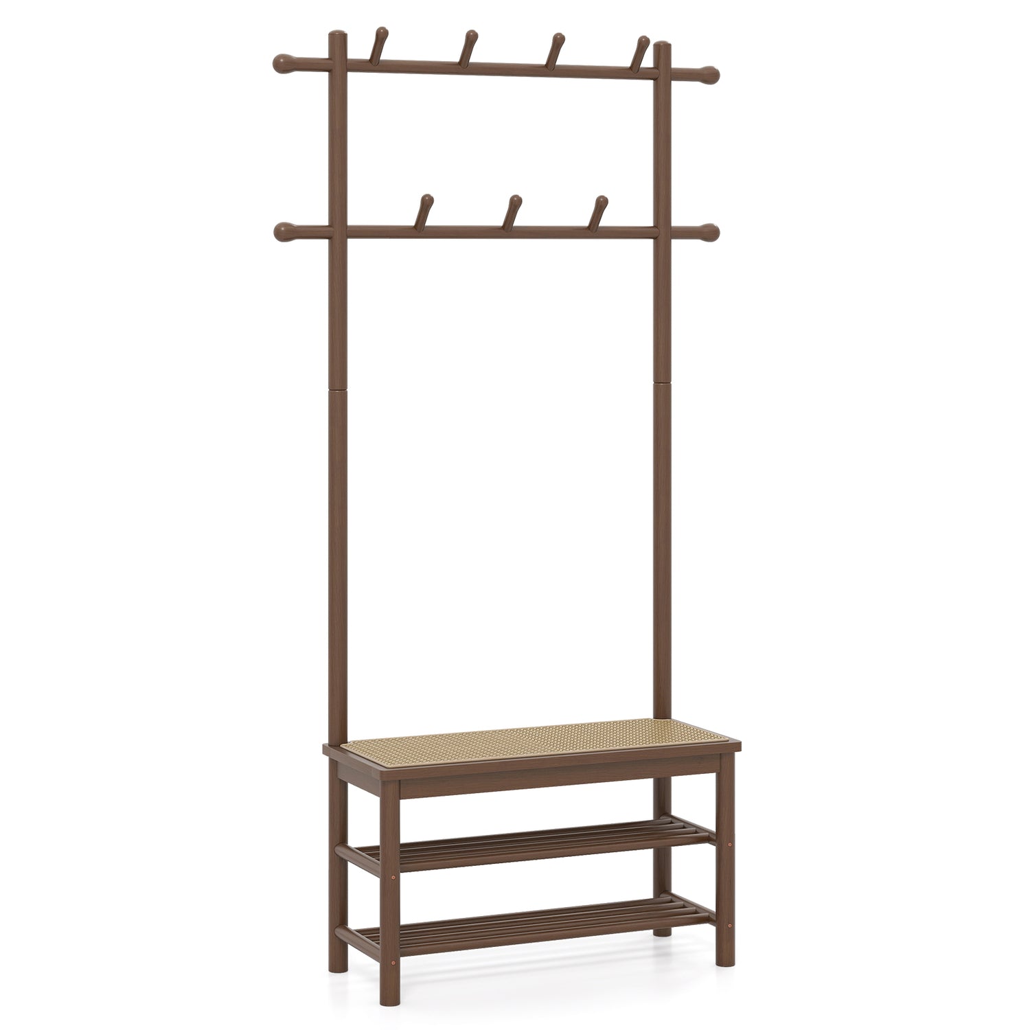 Bamboo Coat Rack PE Rattan Hall Tree with Bench and Shoe Storage 3-In-1 Entryway Bench