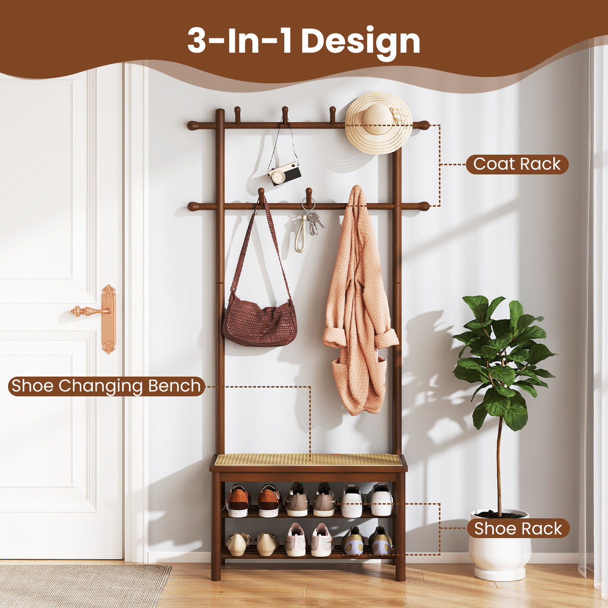 Bamboo Coat Rack PE Rattan Hall Tree with Bench and Shoe Storage 3-In-1 Entryway Bench