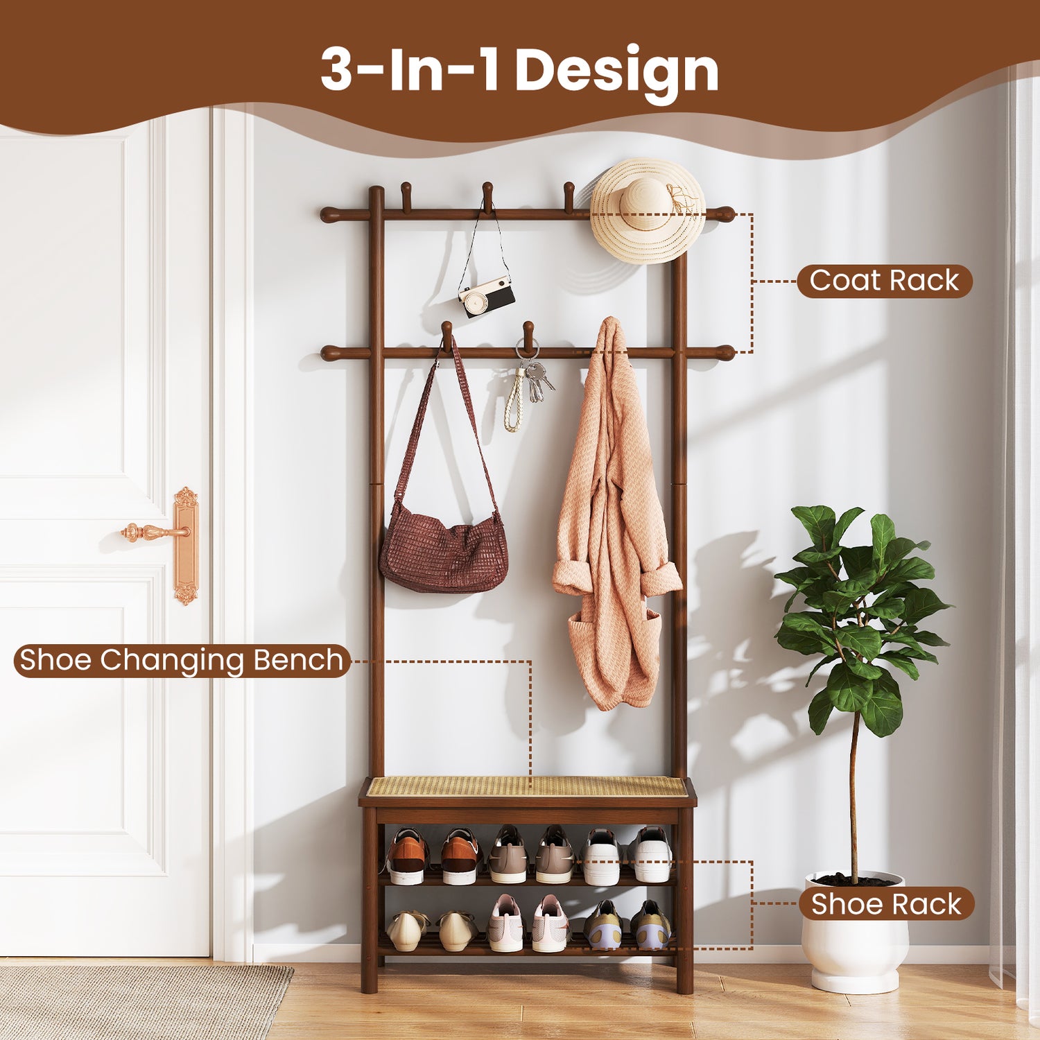 Bamboo Coat Rack PE Rattan Hall Tree with Bench and Shoe Storage 3-In-1 Entryway Bench