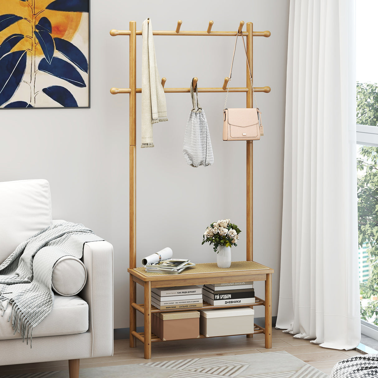 Bamboo Coat Rack PE Rattan Hall Tree with Bench and Shoe Storage 3-In-1 Entryway Bench