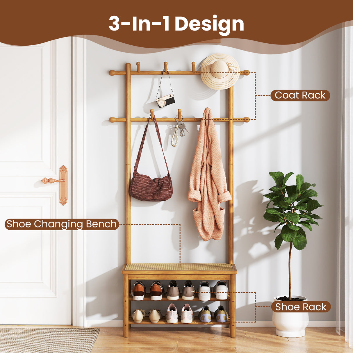 Bamboo Coat Rack PE Rattan Hall Tree with Bench and Shoe Storage 3-In-1 Entryway Bench