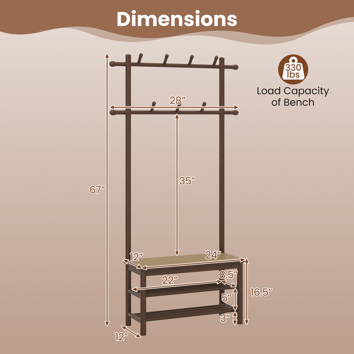 Bamboo Coat Rack PE Rattan Hall Tree with Bench and Shoe Storage 3-In-1 Entryway Bench
