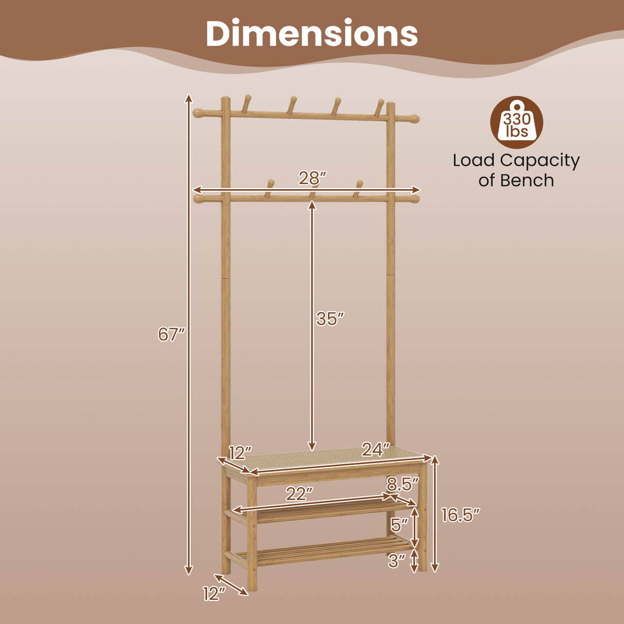 Bamboo Coat Rack PE Rattan Hall Tree with Bench and Shoe Storage 3-In-1 Entryway Bench