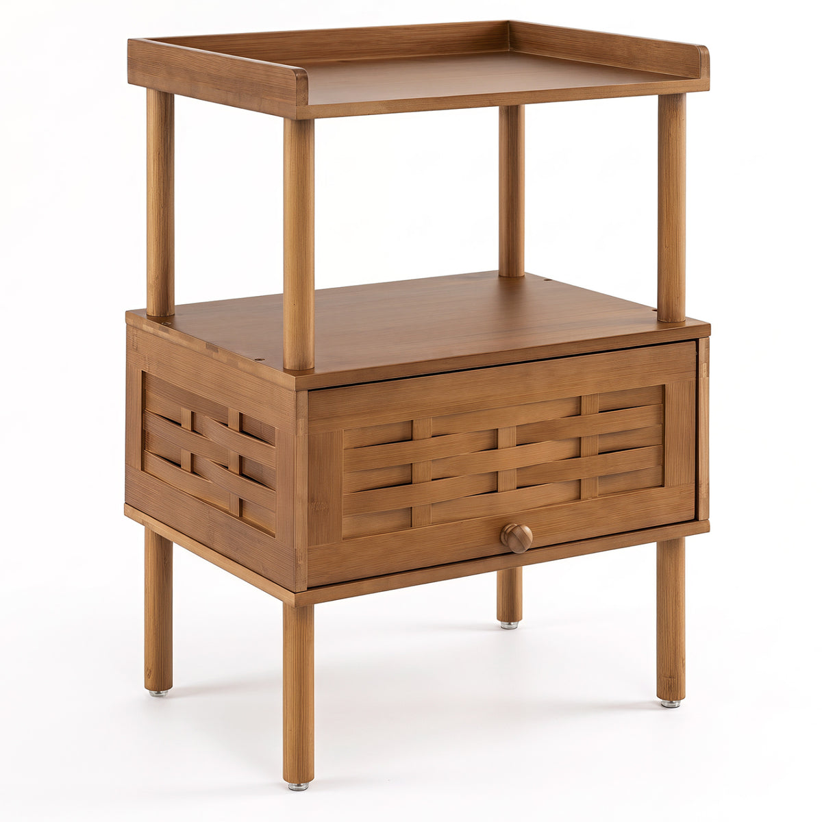 Bamboo Rattan Nightstand with Raised Edge Flip-Up Door and Open Shelf-Walnut