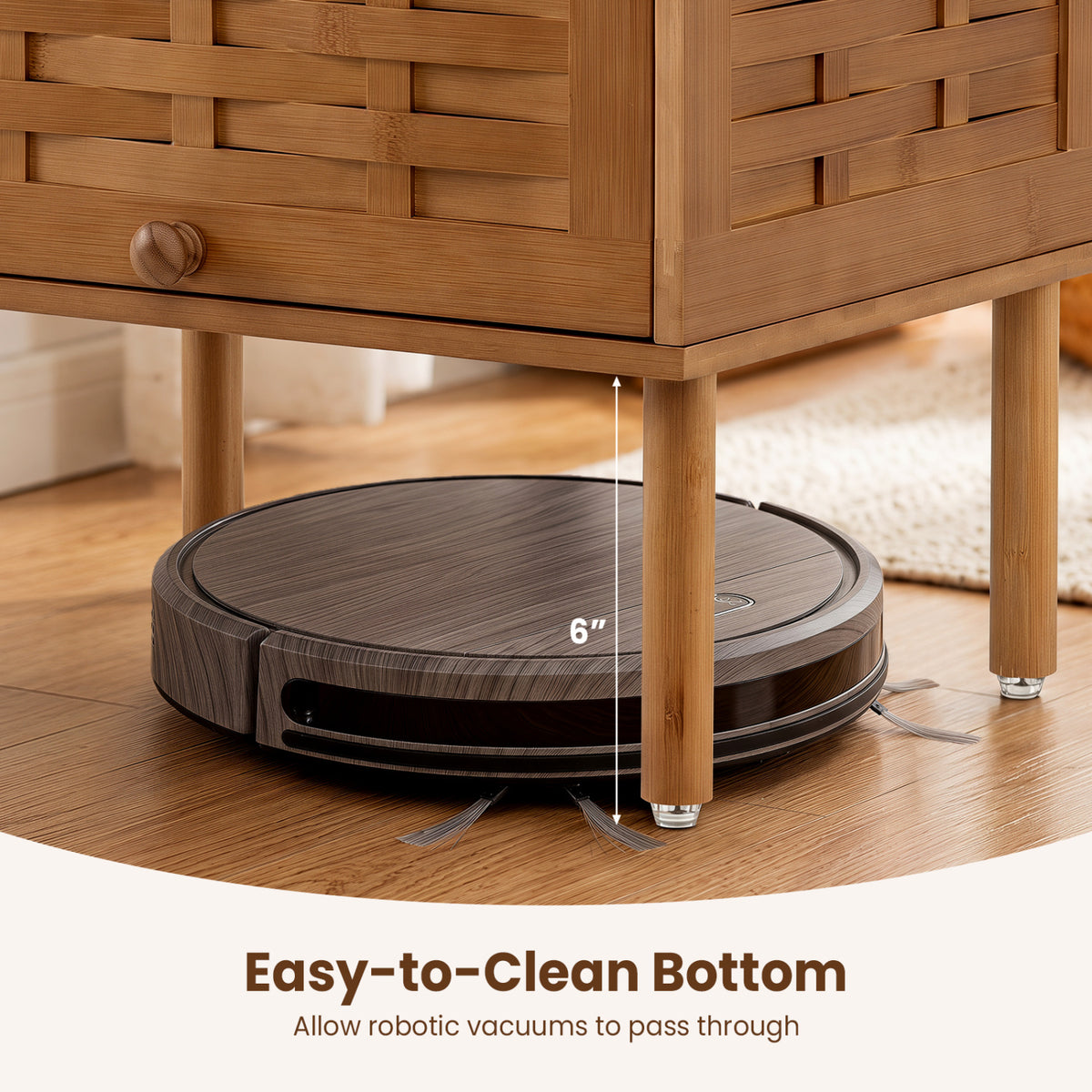 Bamboo Rattan Nightstand with Raised Edge Flip-Up Door and Open Shelf-Walnut