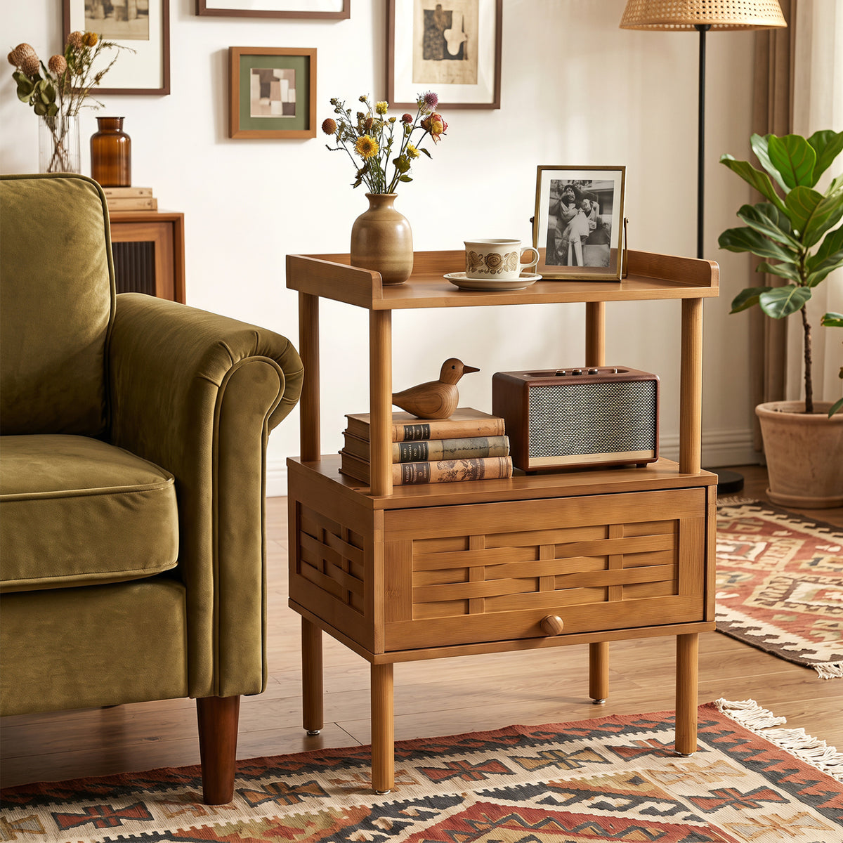 Bamboo Rattan Nightstand with Raised Edge Flip-Up Door and Open Shelf-Walnut