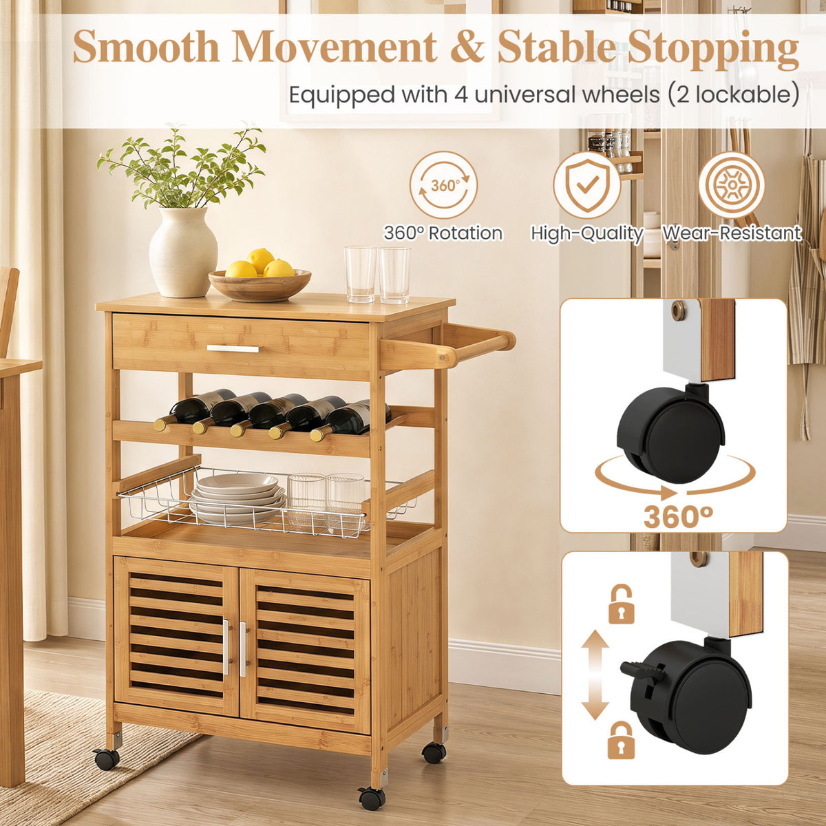Bamboo Rolling Kitchen Island Trolley with Storage Cabinet and Wine Rack-Natural