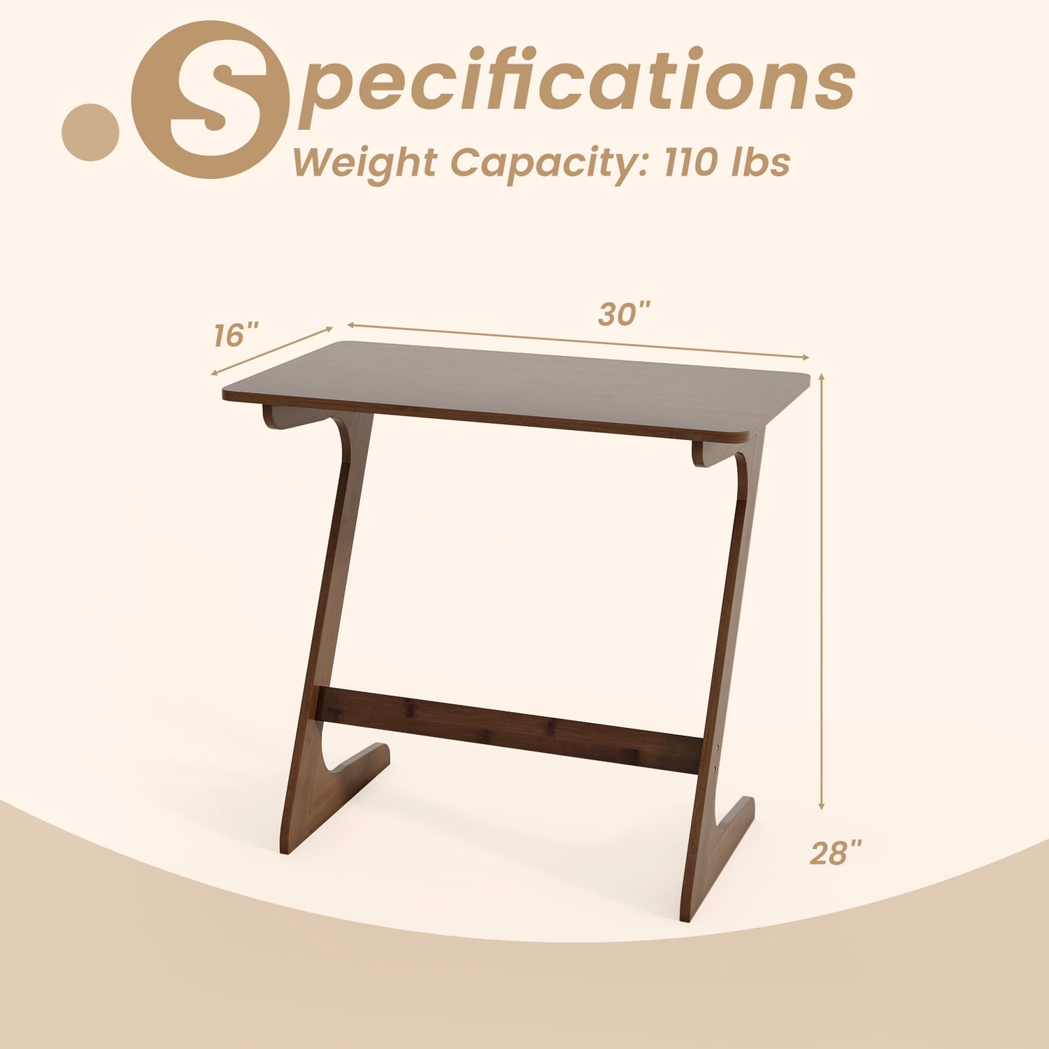 Bamboo Z-Shaped Spacious Sofa Side Table with Space-Saving Tabletop-Brown