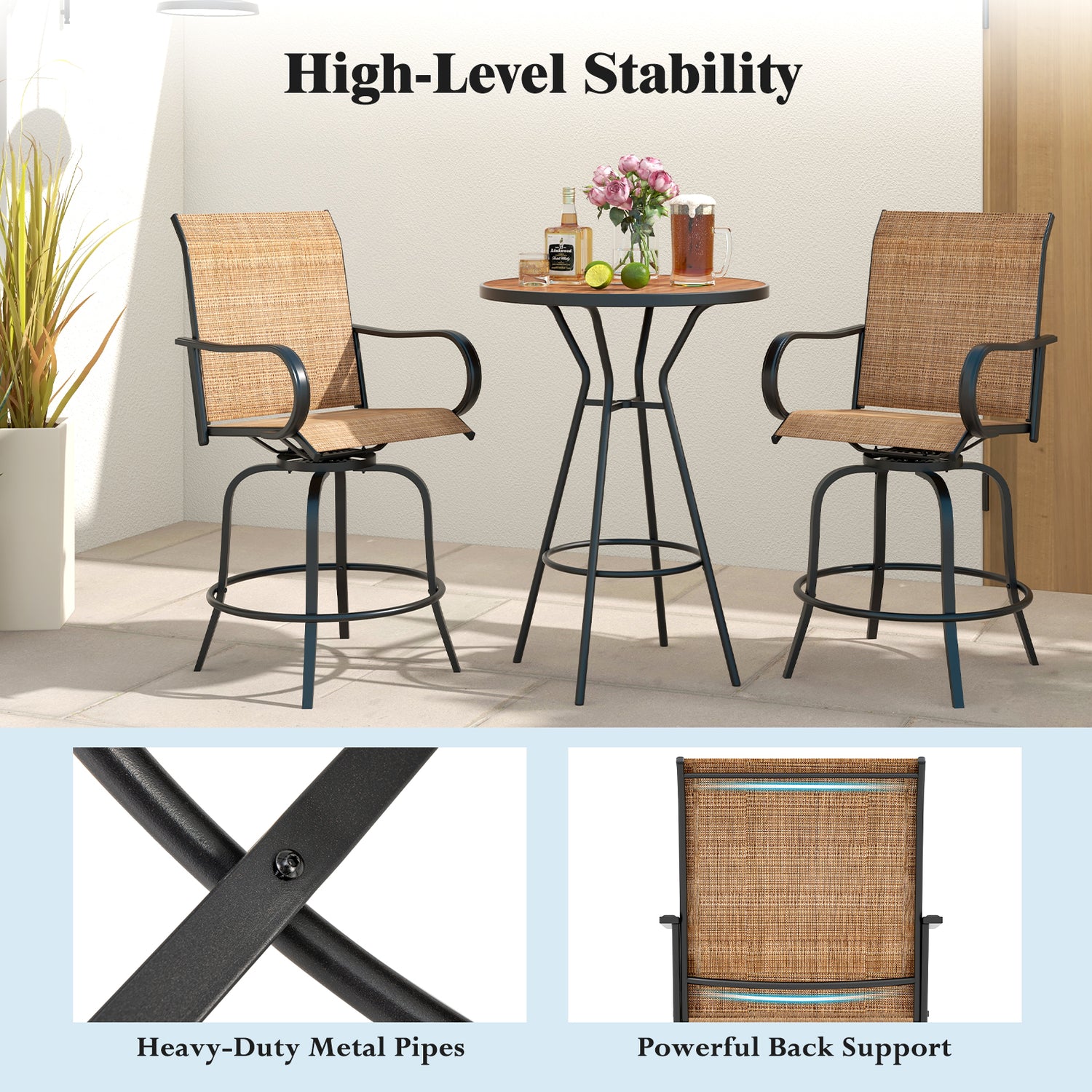 2 Pieces Patio 360 Rotation Swivel Bar Stool Set