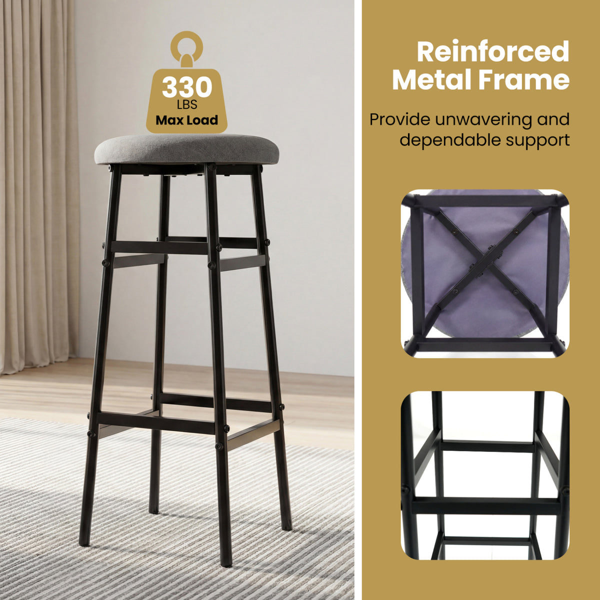 Bar Stools Set of 2 with Sturdy Metal Frame and Footrest