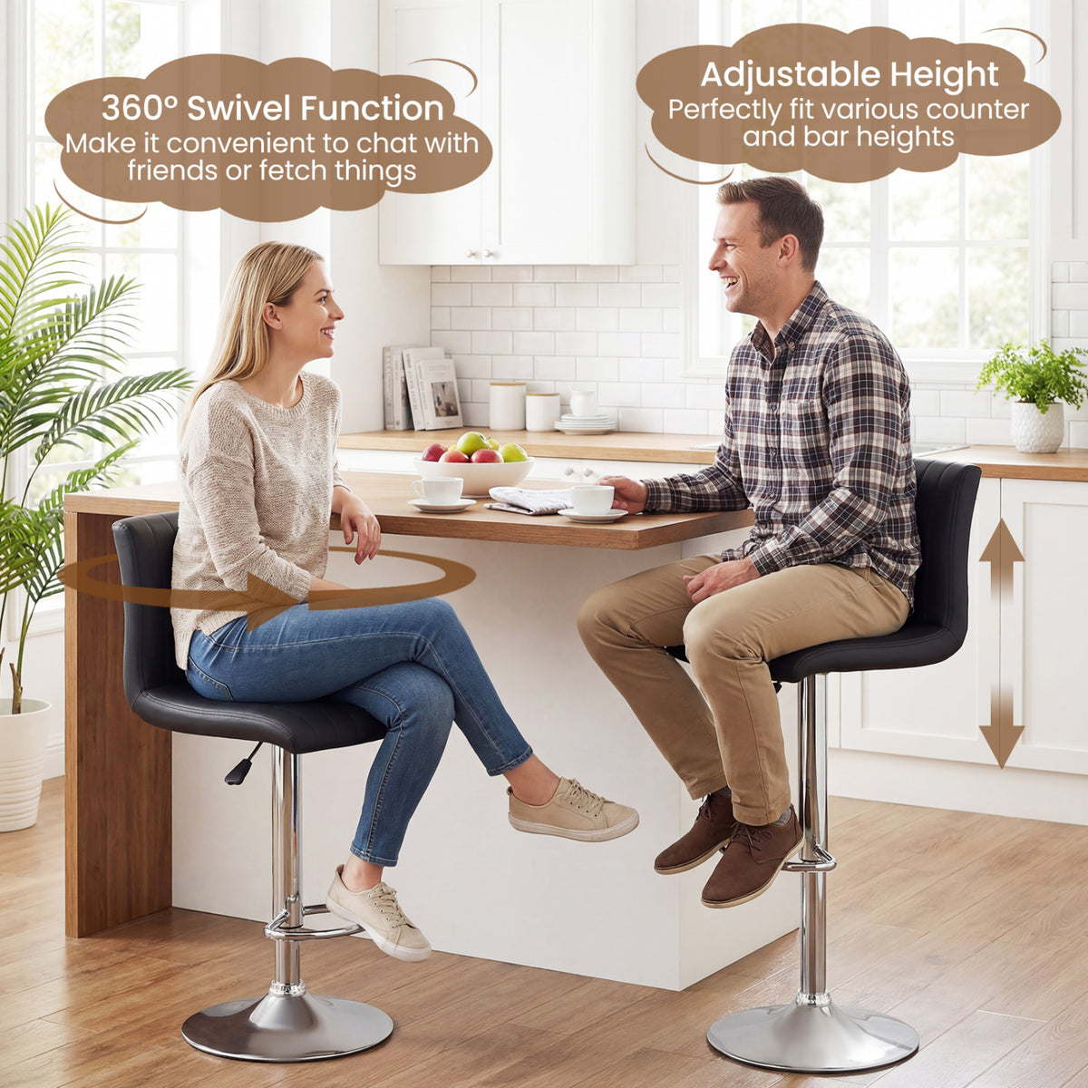 Bar Stools Set of 2 Adjustable Swivel Barstools with Back and Footrest-Black