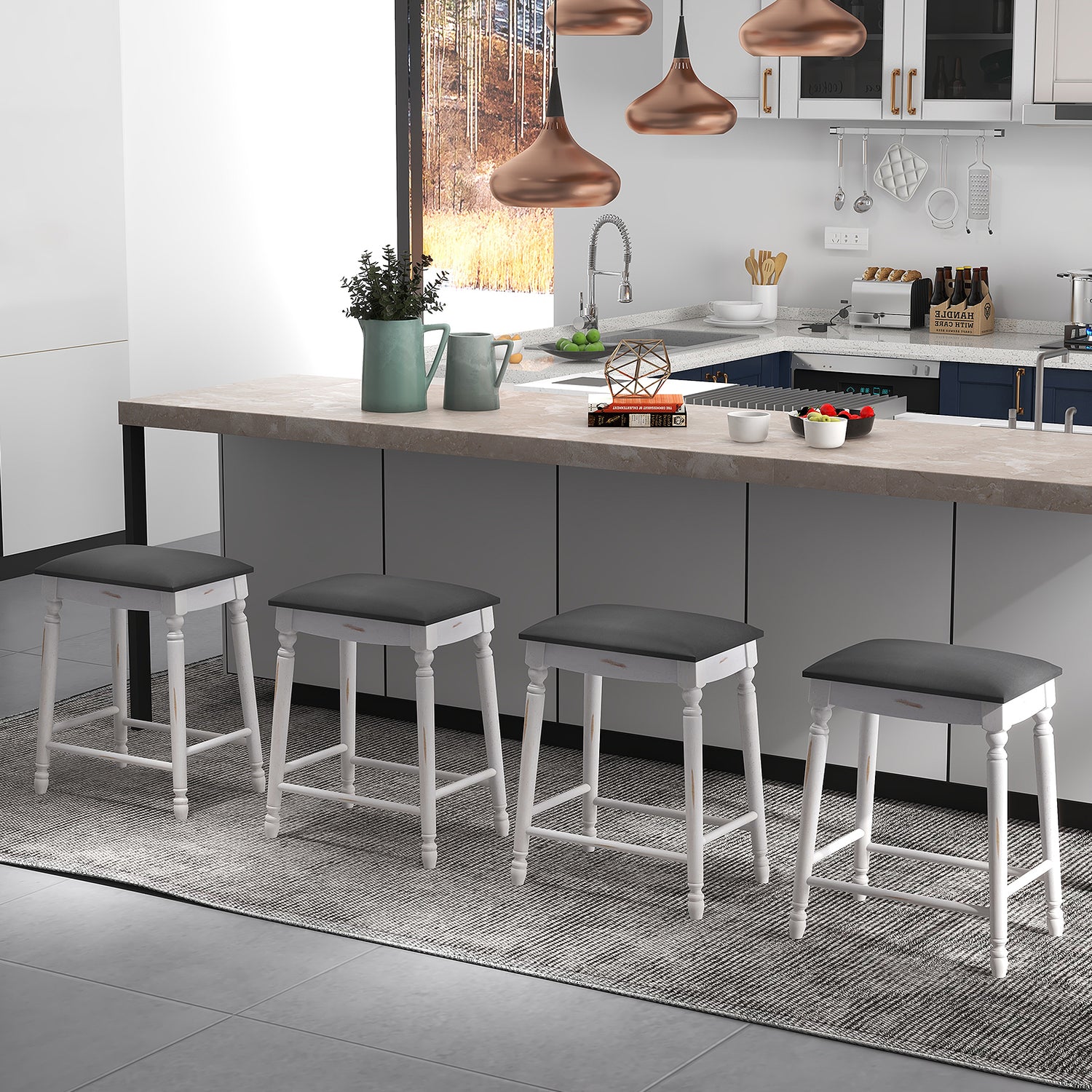 24 Inch Bar Stool Set of 2 with Padded Seat Cushions and Wood Legs