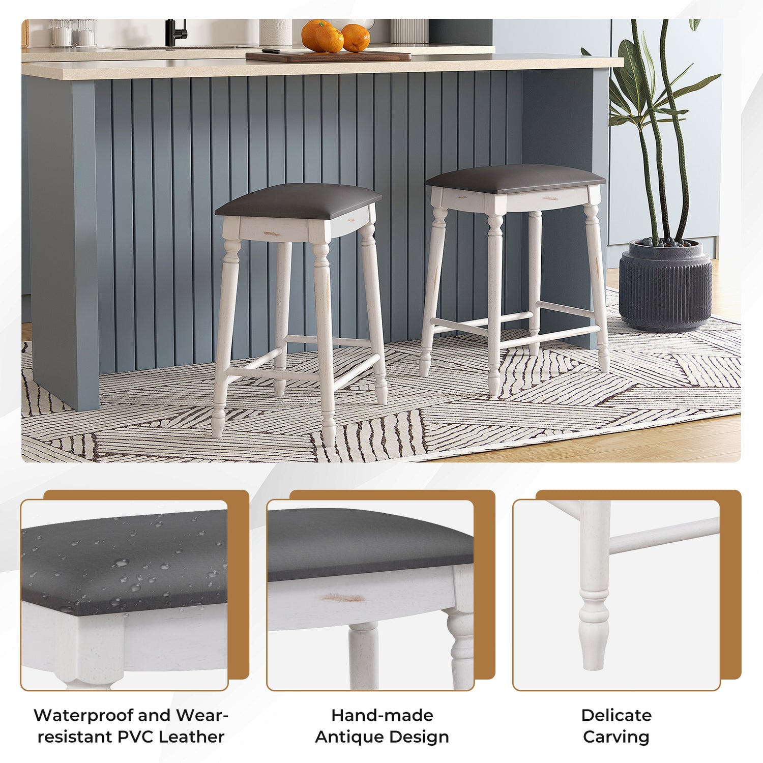 24 Inch Bar Stool Set of 2 with Padded Seat Cushions and Wood Legs