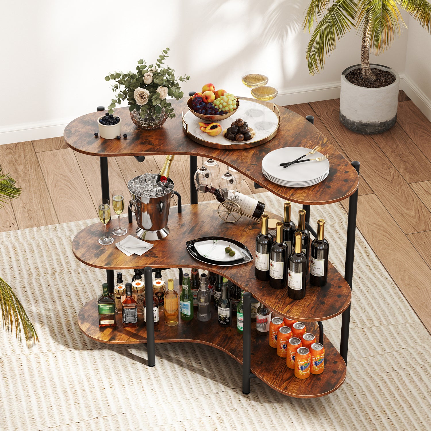 3-Tier Liquor Bar Table with Stemware Racks and Storage Shelves