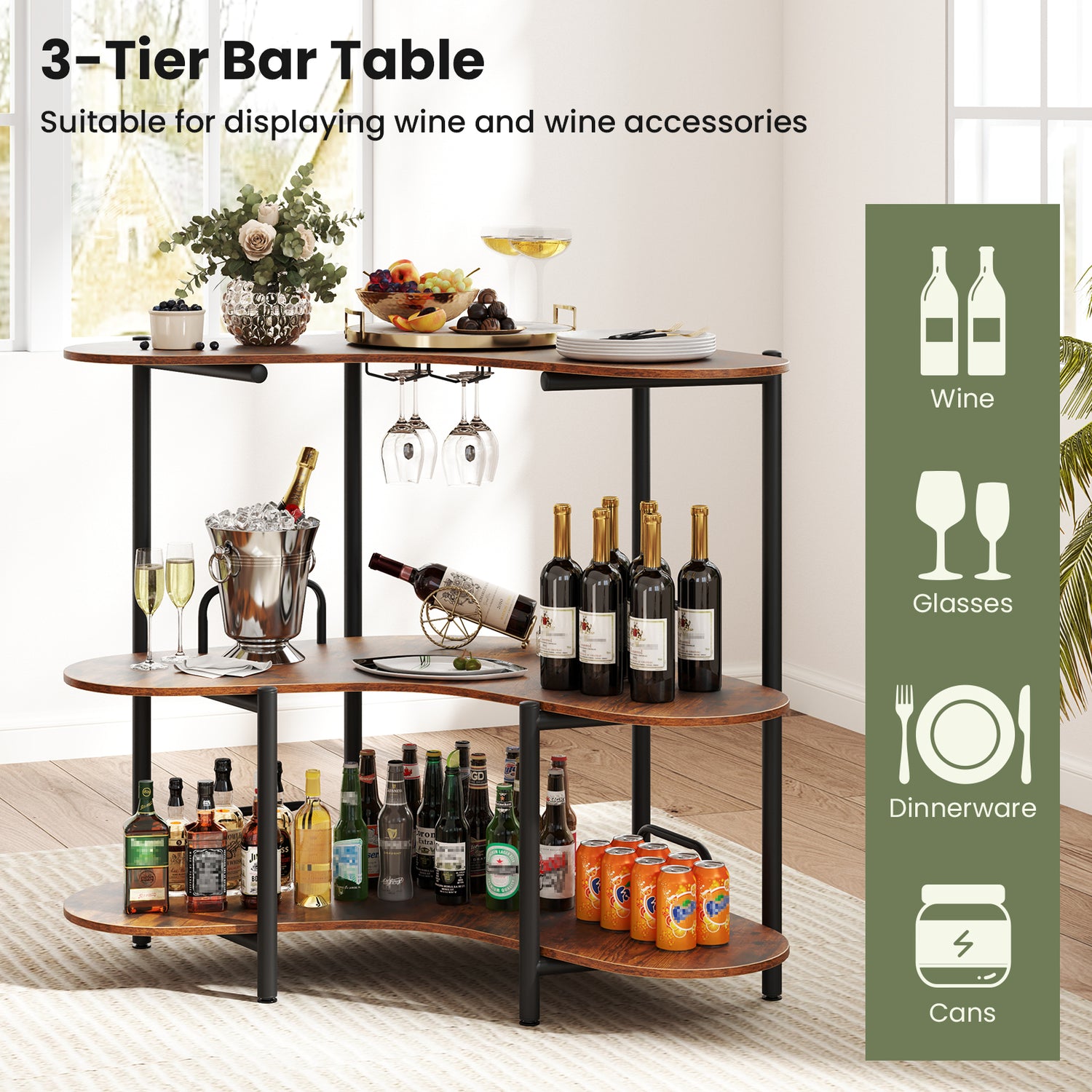 3-Tier Liquor Bar Table with Stemware Racks and Storage Shelves