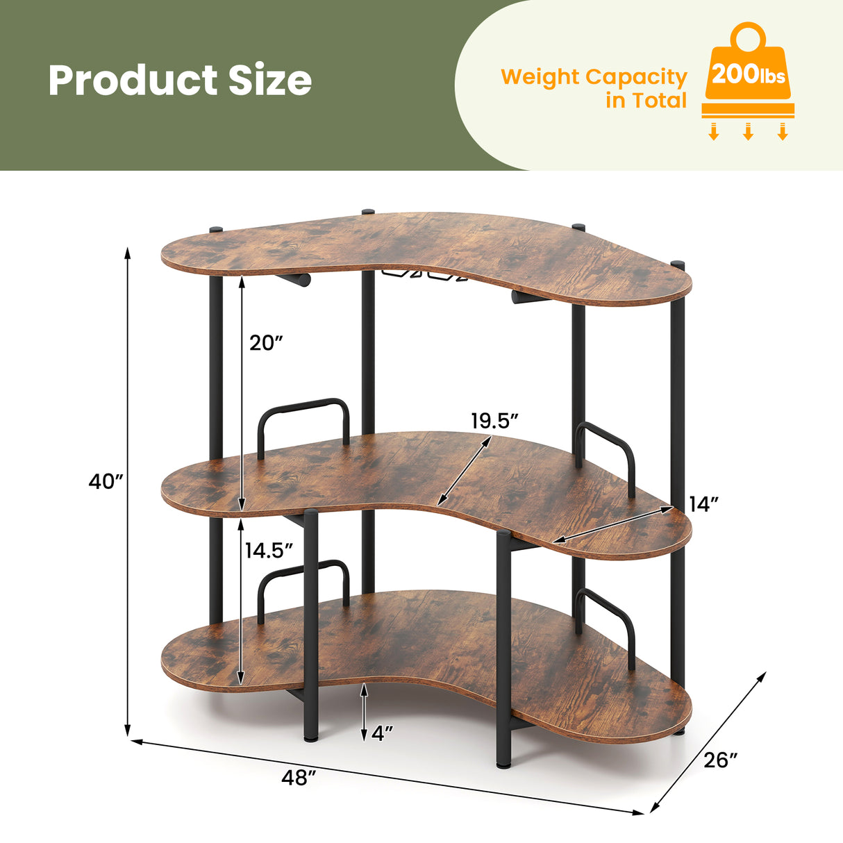 3-Tier Liquor Bar Table with Stemware Racks and Storage Shelves
