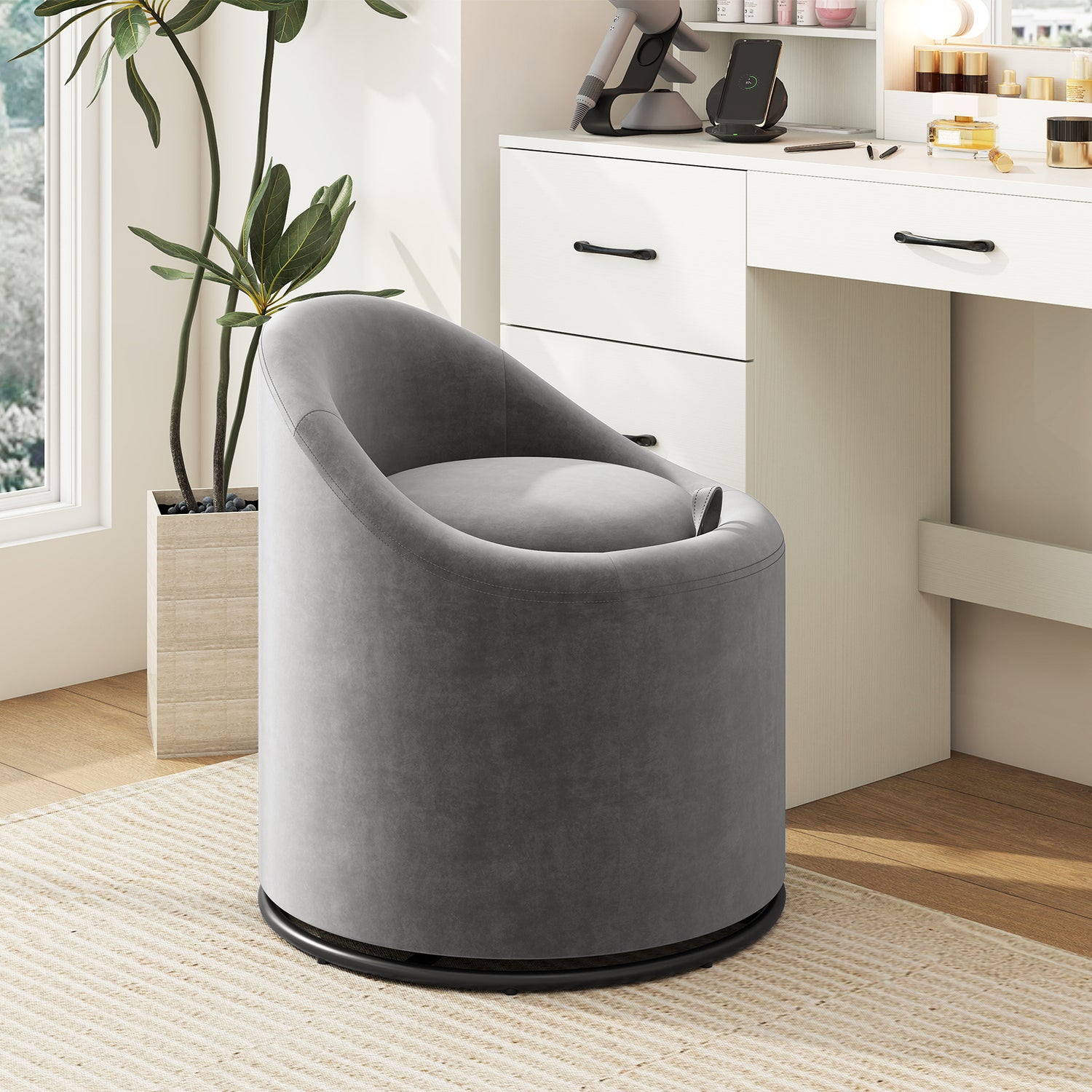 Barrel Chair with Storage 360° Swivel Upholstered Vanity Chair