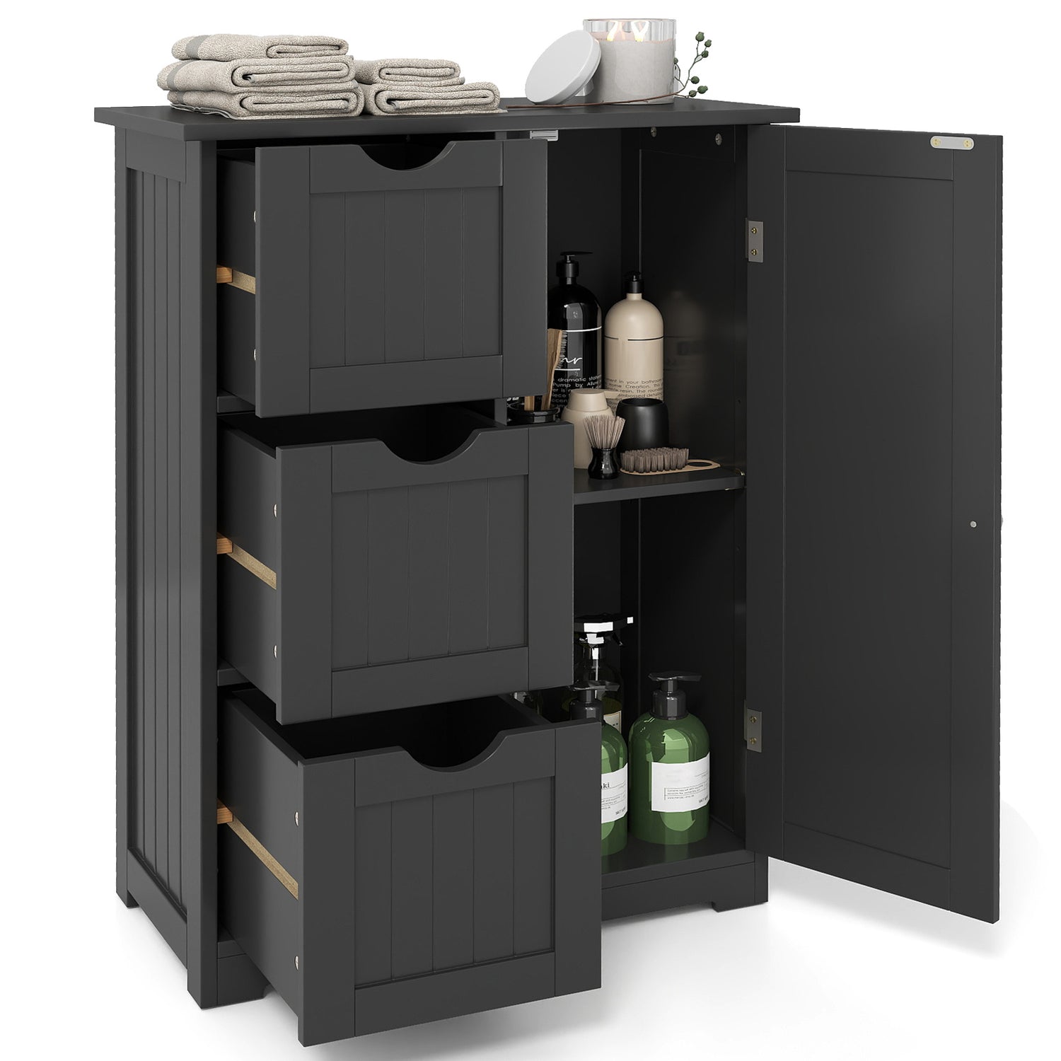 Bathroom Floor Cabinet Side Storage Cabinet with 3 Drawers and 1 Cupboard