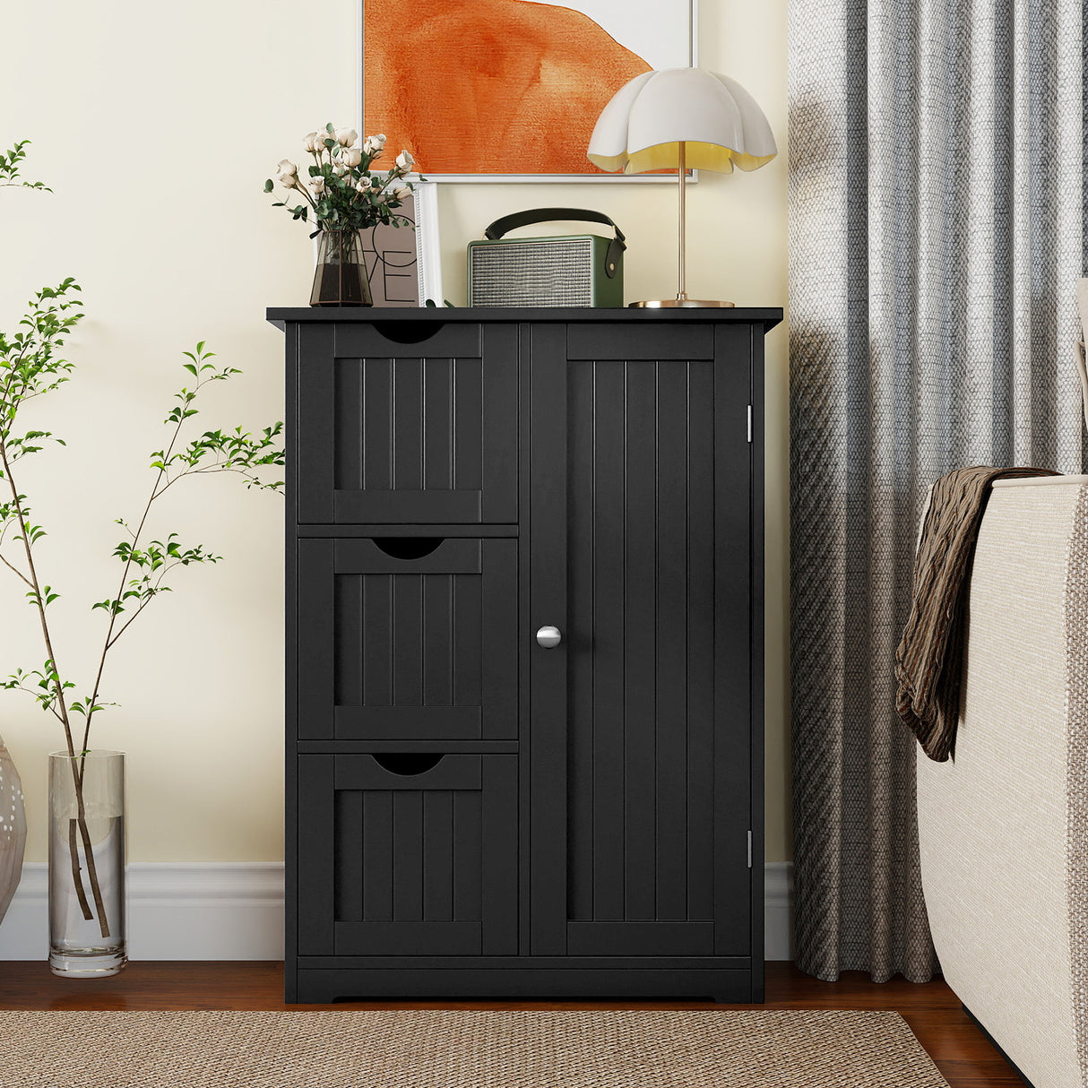 Bathroom Floor Cabinet Side Storage Cabinet with 3 Drawers and 1 Cupboard
