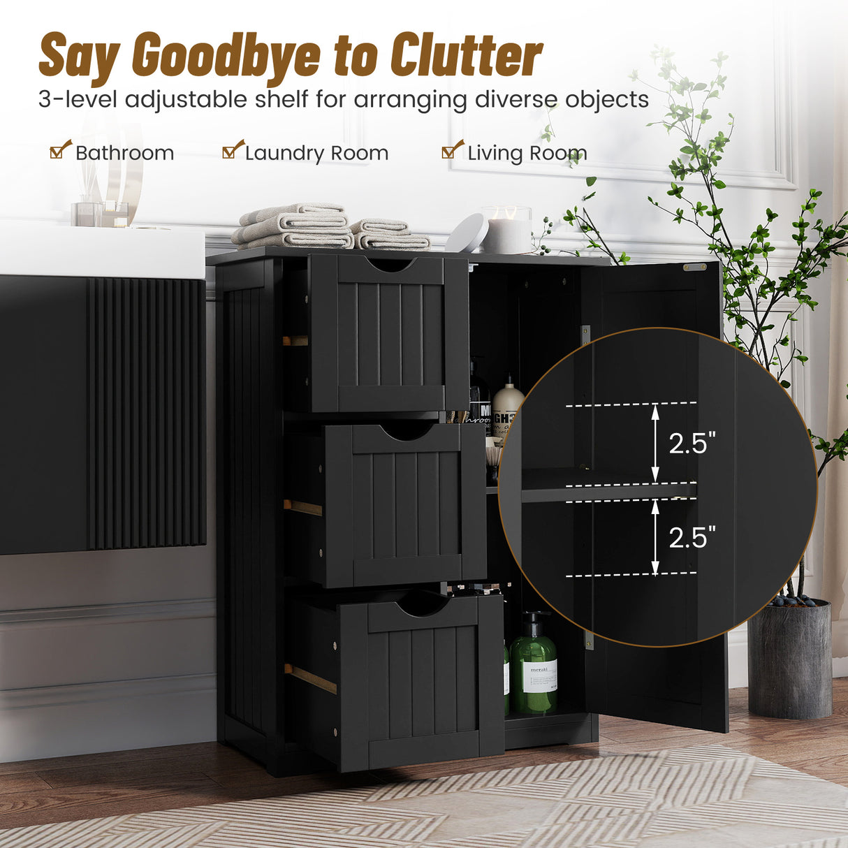 Bathroom Floor Cabinet Side Storage Cabinet with 3 Drawers and 1 Cupboard