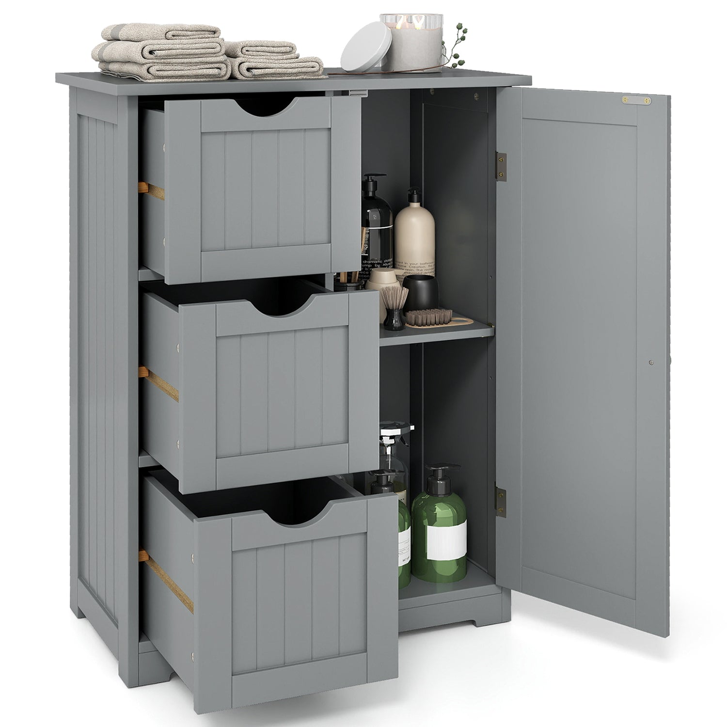Bathroom Floor Cabinet Side Storage Cabinet with 3 Drawers and 1 Cupboard