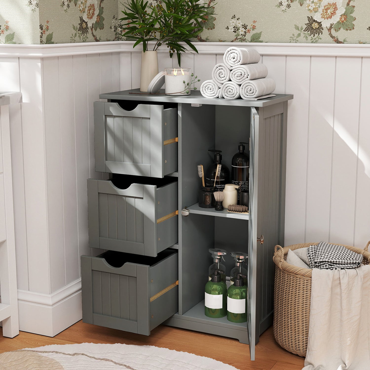 Bathroom Floor Cabinet Side Storage Cabinet with 3 Drawers and 1 Cupboard