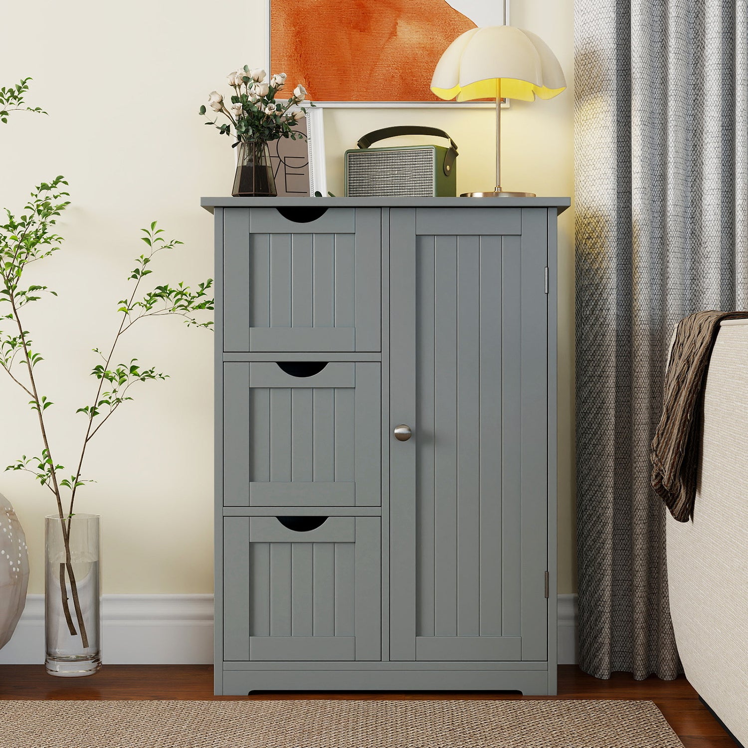 Bathroom Floor Cabinet Side Storage Cabinet with 3 Drawers and 1 Cupboard