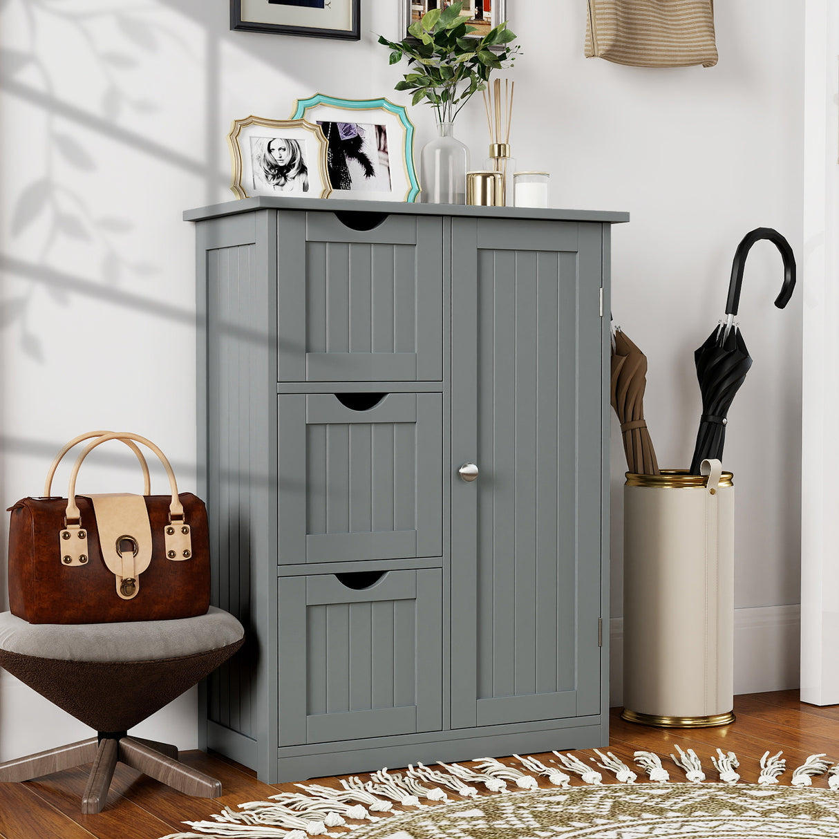 Bathroom Floor Cabinet Side Storage Cabinet with 3 Drawers and 1 Cupboard