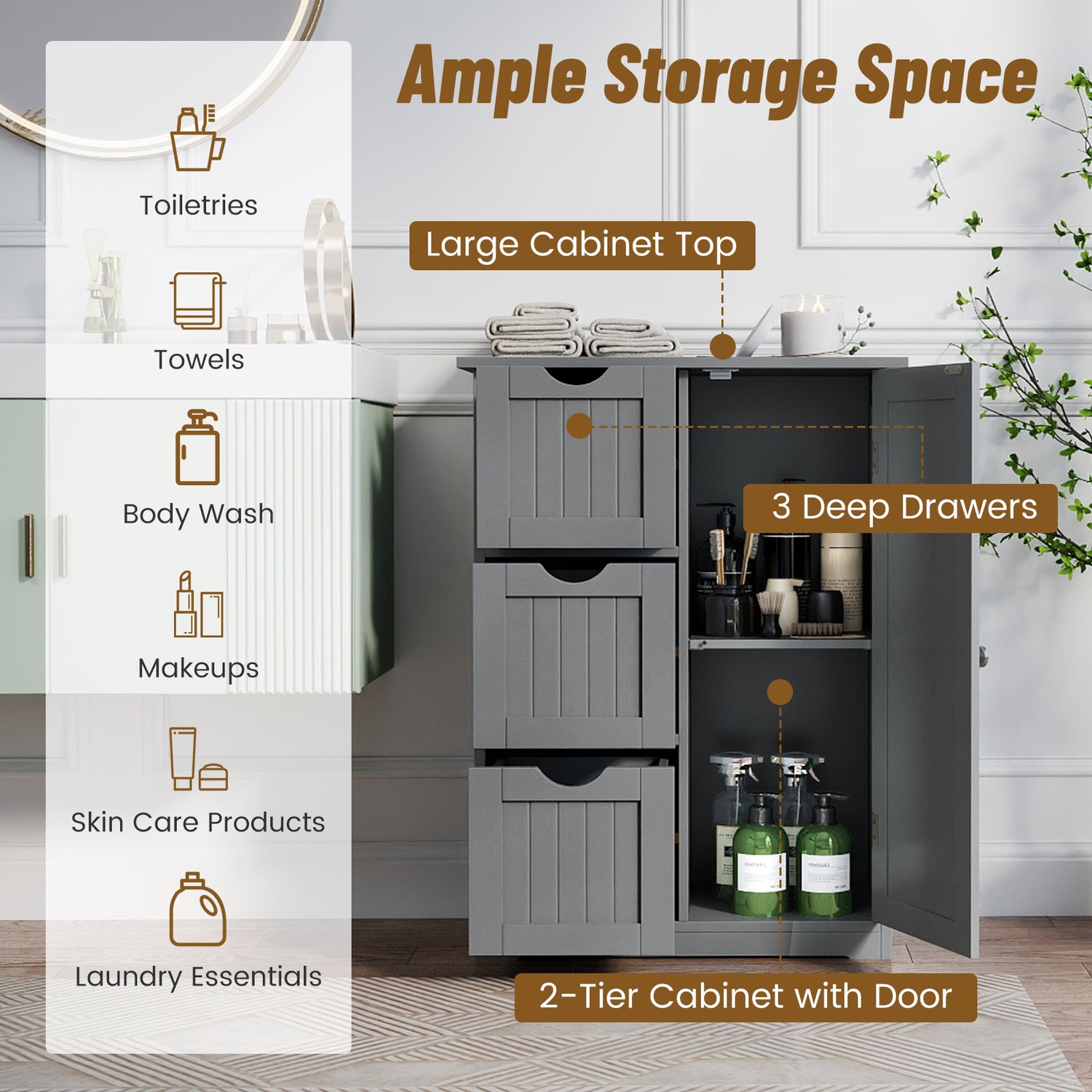 Bathroom Floor Cabinet Side Storage Cabinet with 3 Drawers and 1 Cupboard