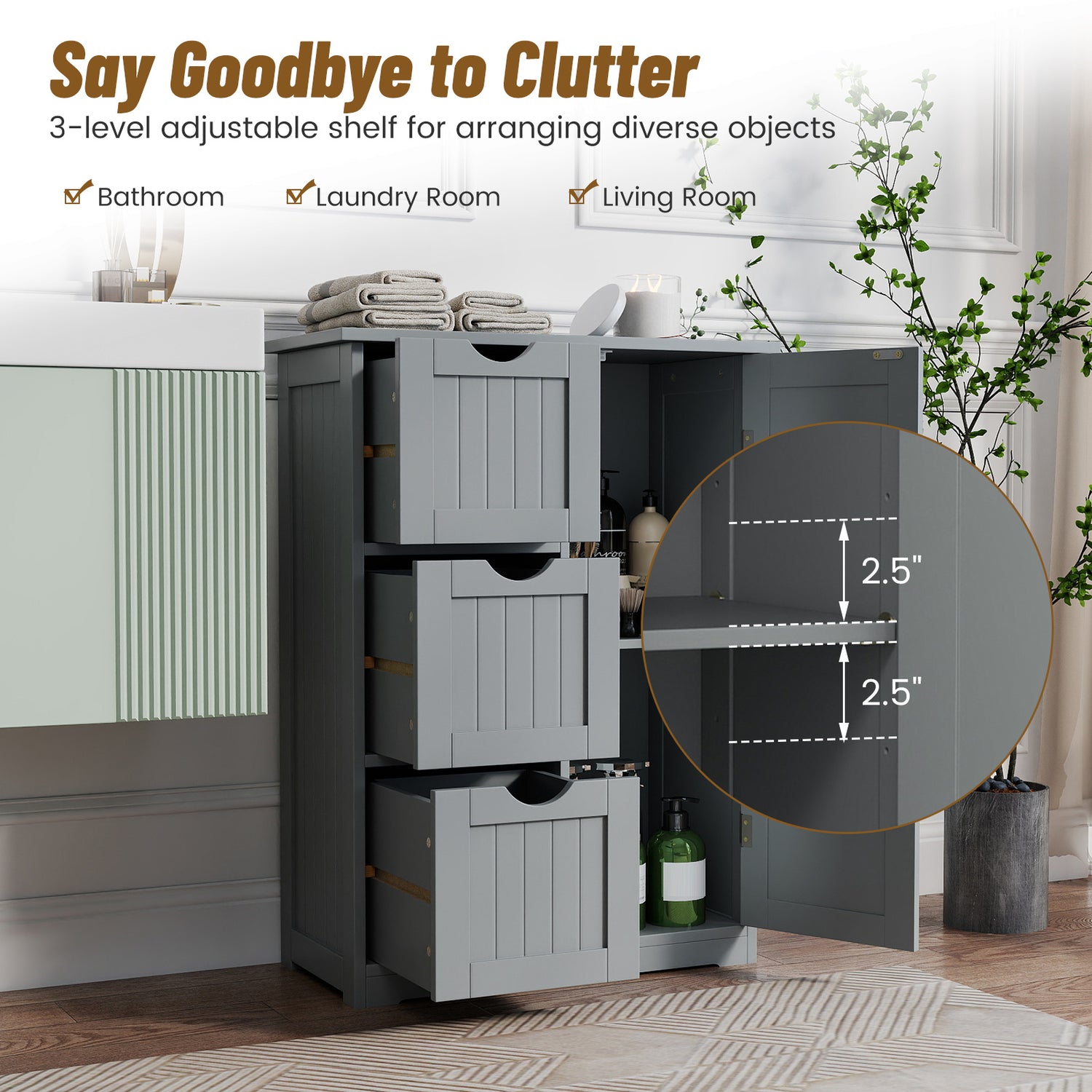 Bathroom Floor Cabinet Side Storage Cabinet with 3 Drawers and 1 Cupboard