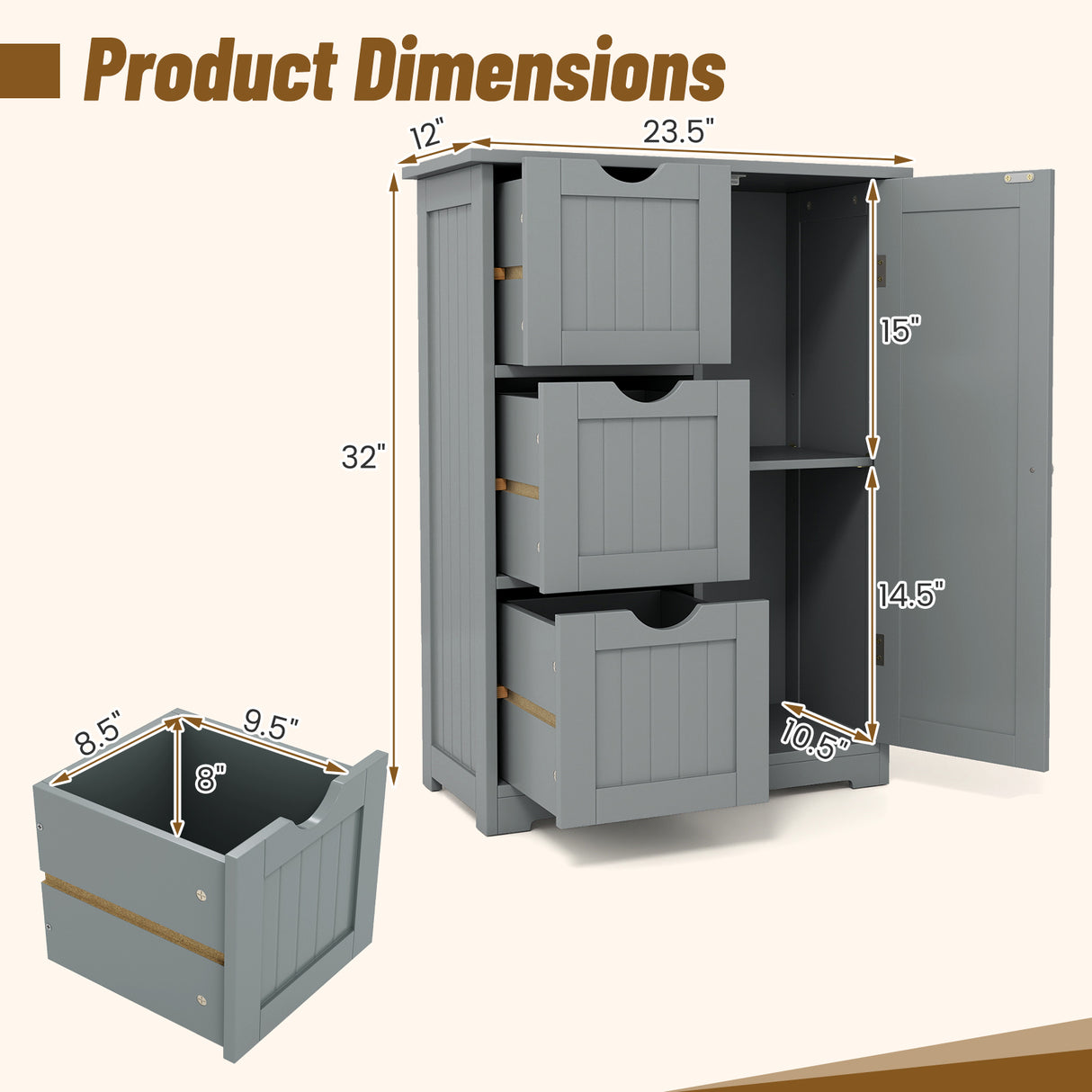 Bathroom Floor Cabinet Side Storage Cabinet with 3 Drawers and 1 Cupboard