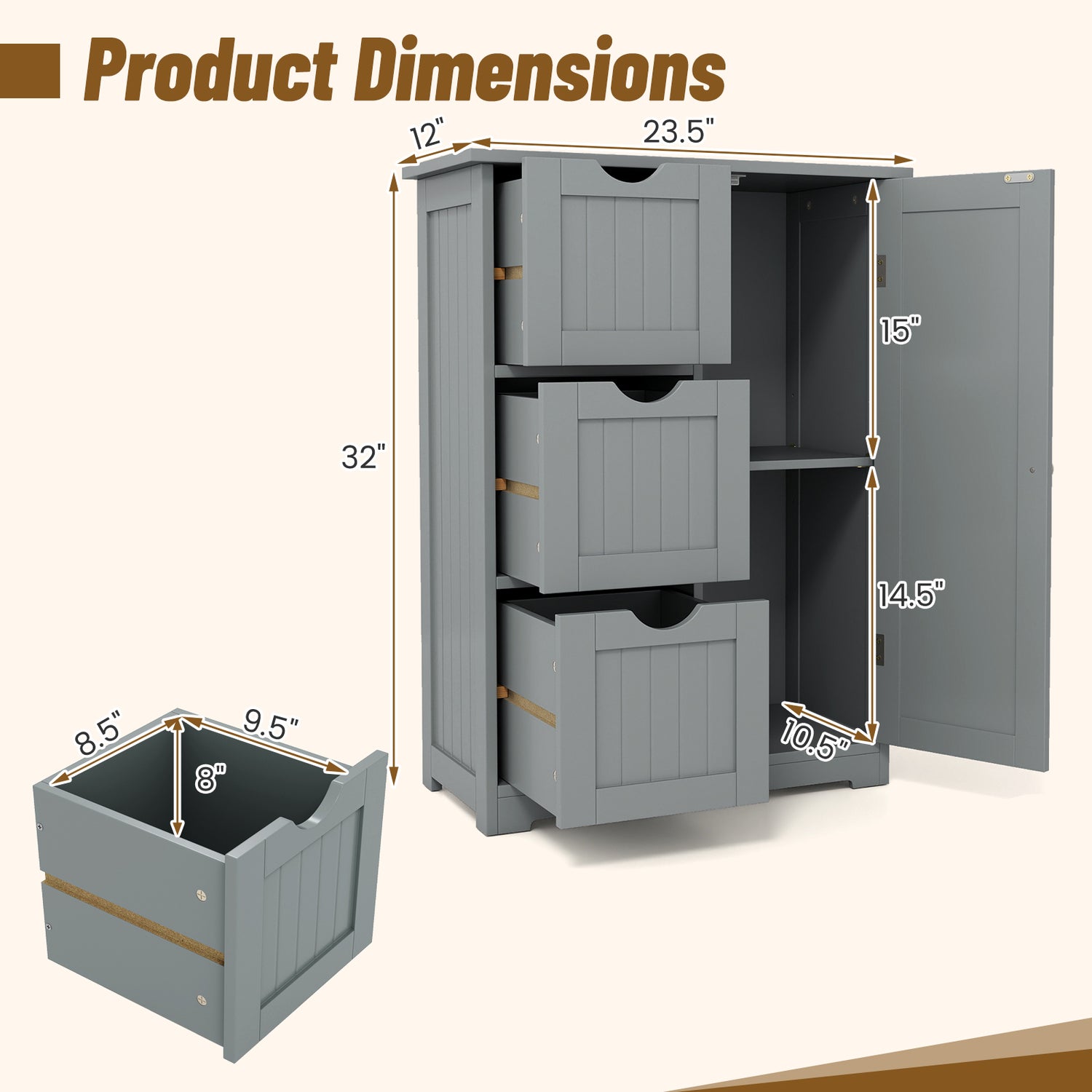 Bathroom Floor Cabinet Side Storage Cabinet with 3 Drawers and 1 Cupboard