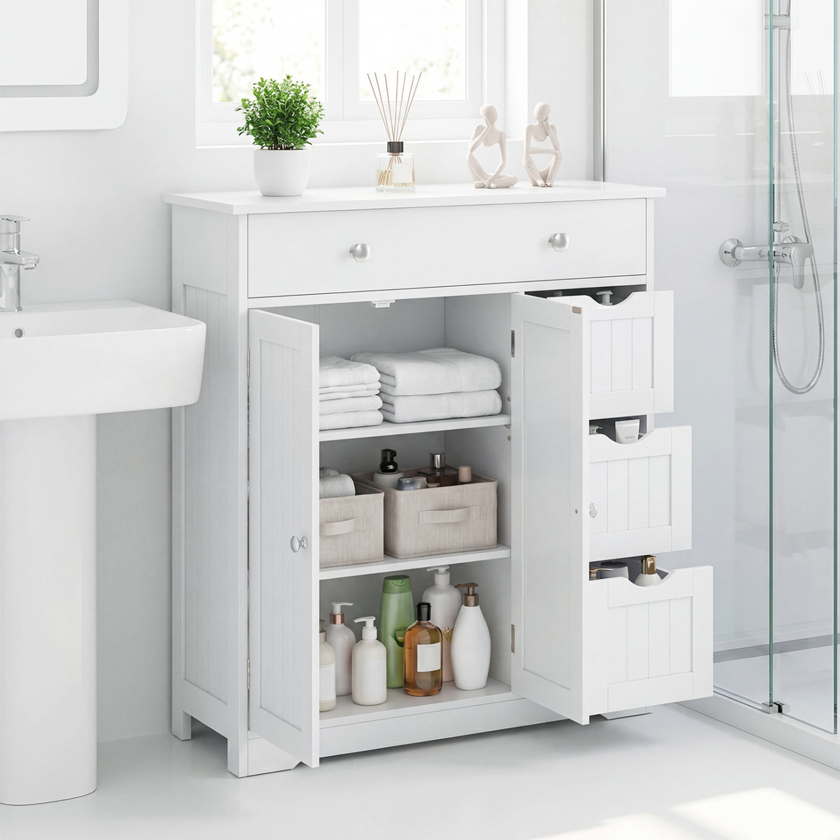 Bathroom Floor Cabinet with 4 Drawers with 2 Doors and Adjustable Shelf